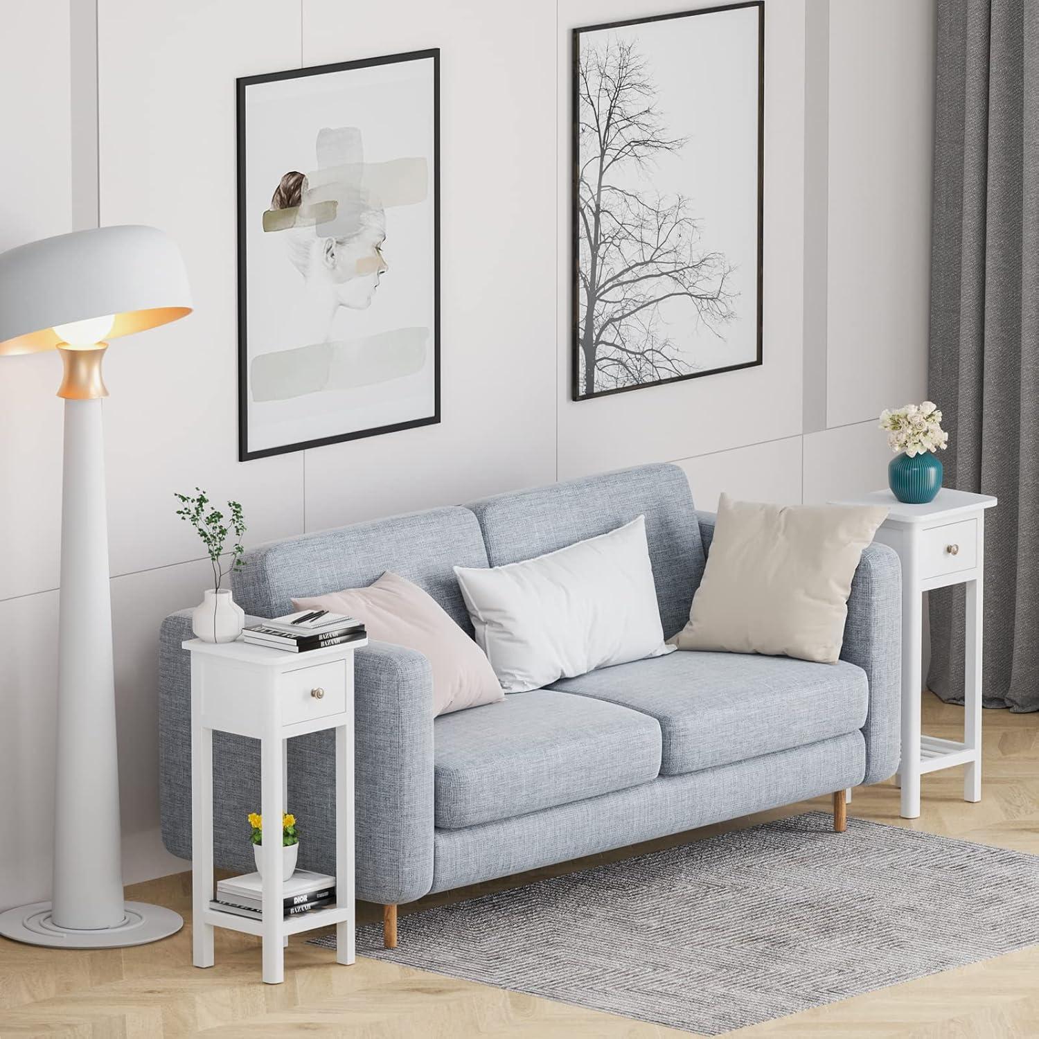 image:imageGiantex Tall End Table Narrow Side Table with Drawer and Shelf Acacia Wood Nightstand for Living Room 2Tier Bedside Table for Small Space No Assembly WhiteWhite