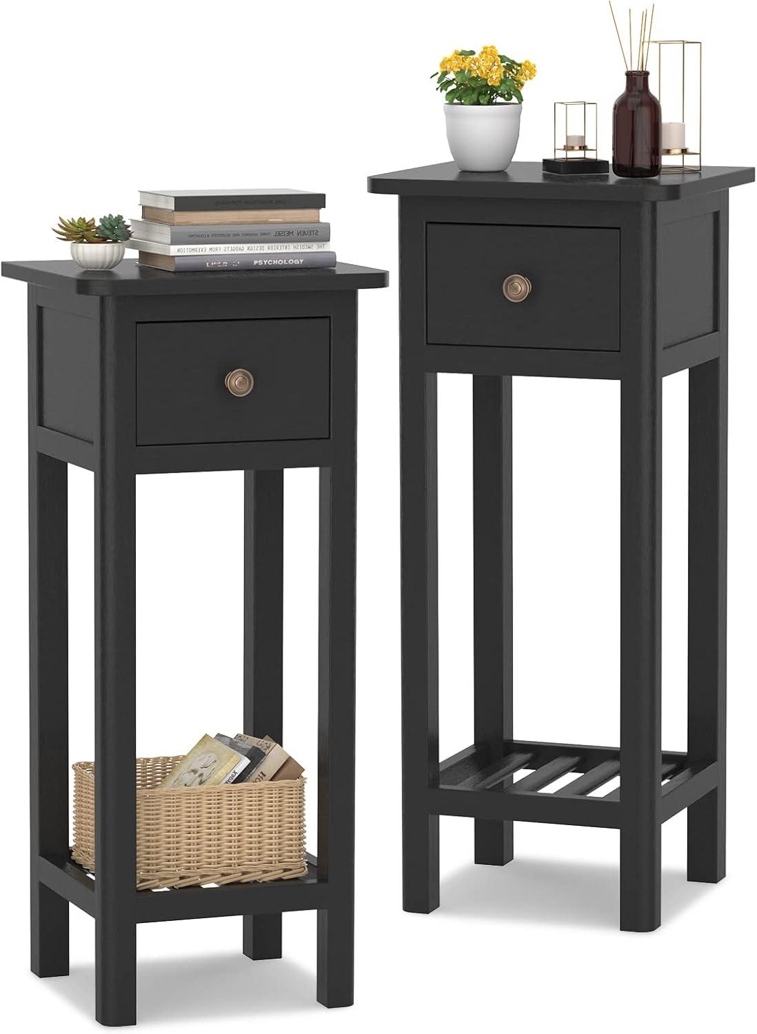 image:imageGiantex Tall End Table Narrow Side Table with Drawer and Shelf Acacia Wood Nightstand for Living Room 2Tier Bedside Table for Small Space No Assembly WhiteBlack