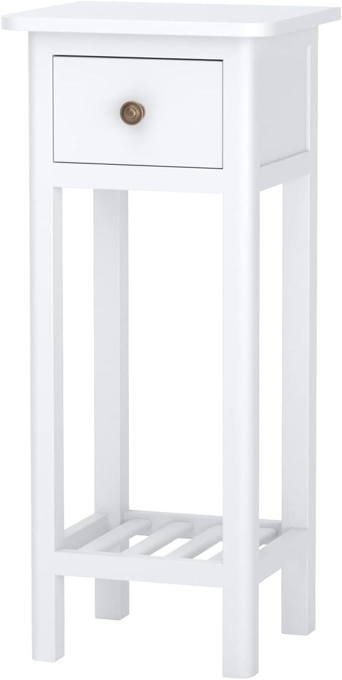 image:imageGiantex Tall End Table Narrow Side Table with Drawer and Shelf Acacia Wood Nightstand for Living Room 2Tier Bedside Table for Small Space No Assembly WhiteWhite