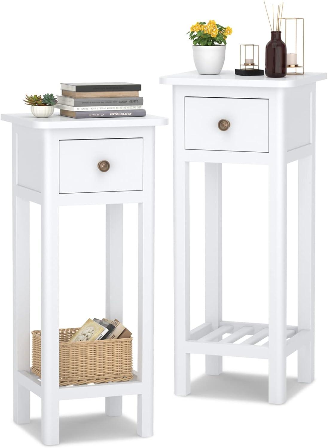 image:imageGiantex Tall End Table Narrow Side Table with Drawer and Shelf Acacia Wood Nightstand for Living Room 2Tier Bedside Table for Small Space No Assembly WhiteWhite