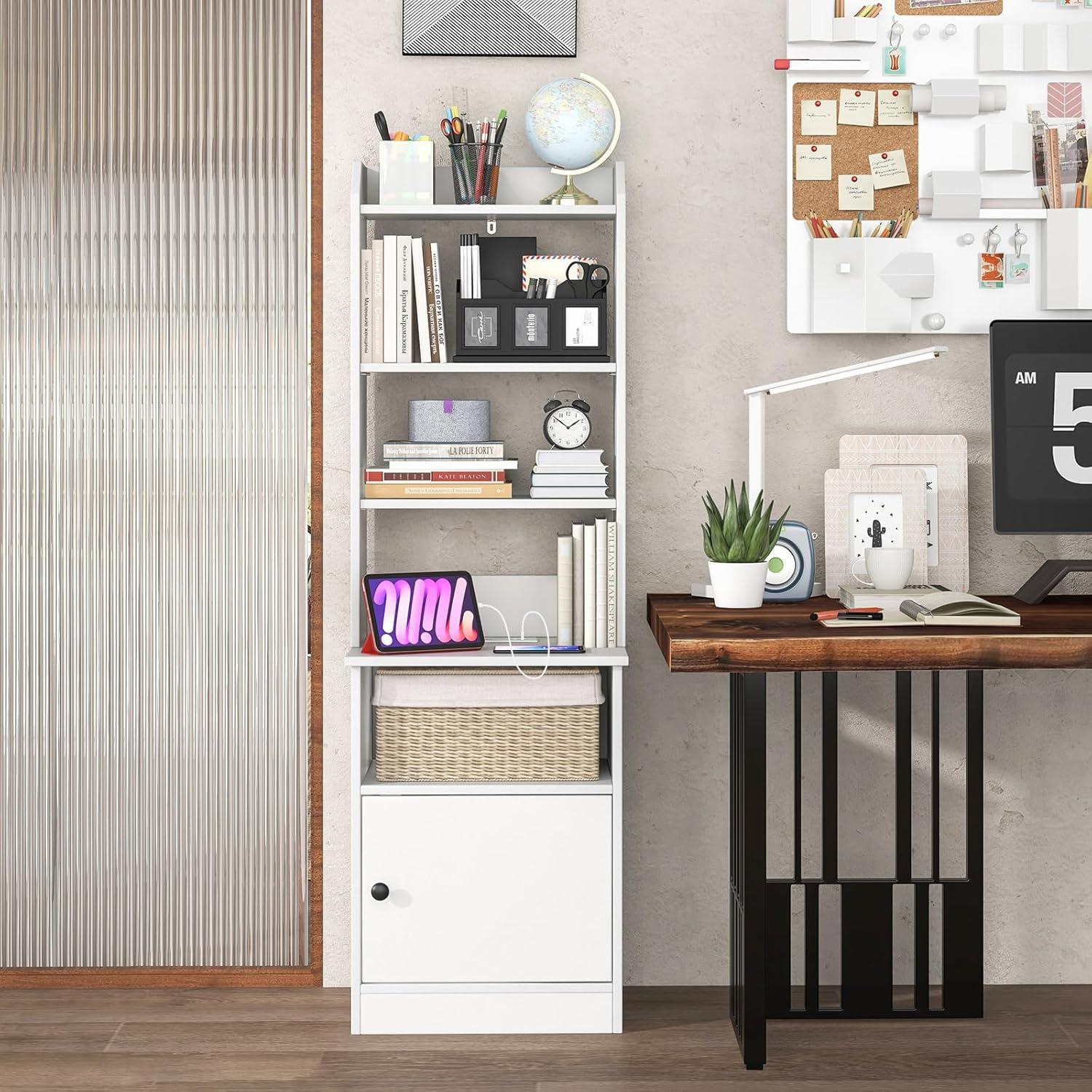 image:imageGiantex Tall Nightstand with Charging Station 56 Tall Bedside Table with 6Level Adjustable Bookshelf Modern End Side Table with Storage Cabinet for Bedroom WhiteWhite