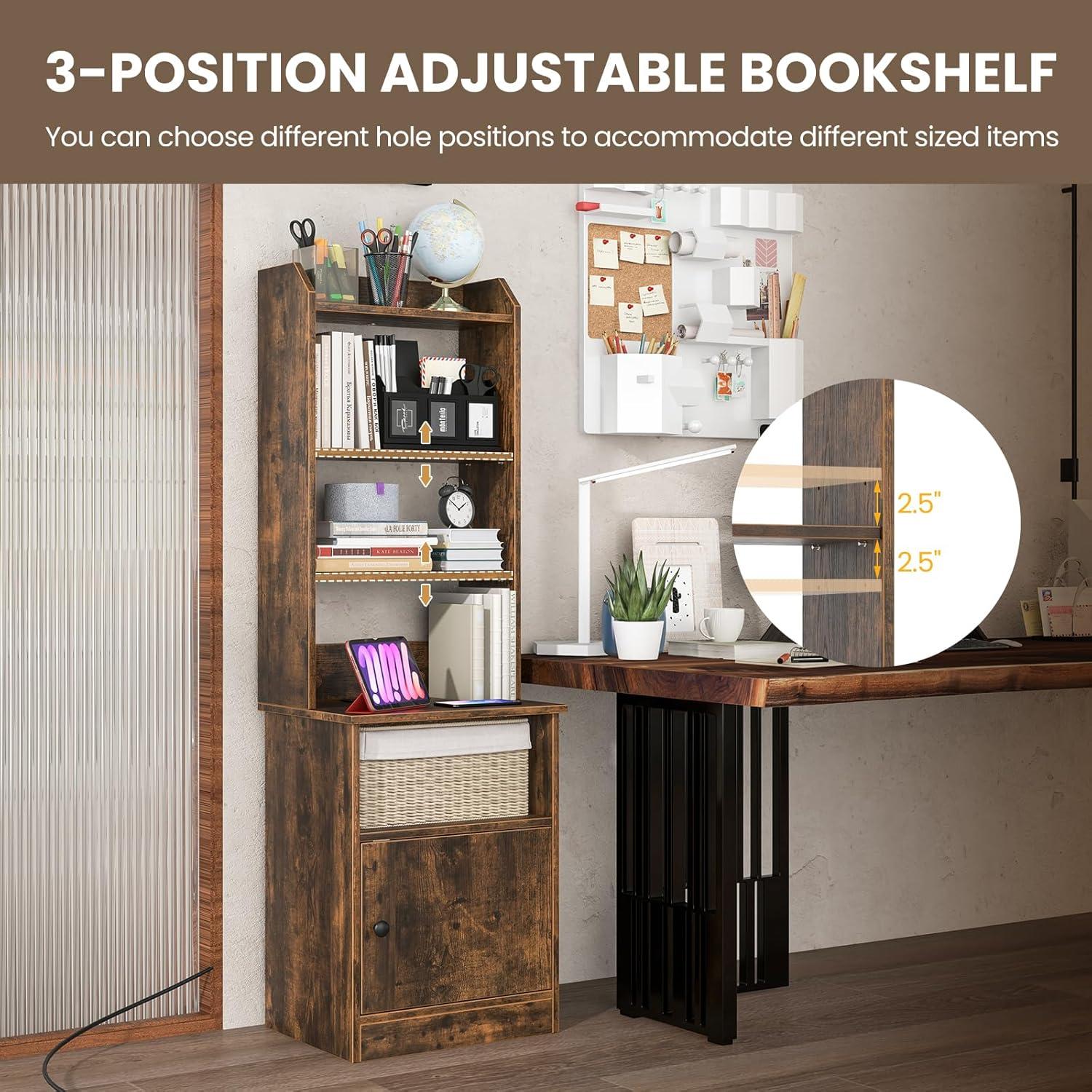 image:imageGiantex Tall Nightstand with Charging Station 56 Tall Bedside Table with 6Level Adjustable Bookshelf Modern End Side Table with Storage Cabinet for Bedroom WhiteRustic Brown