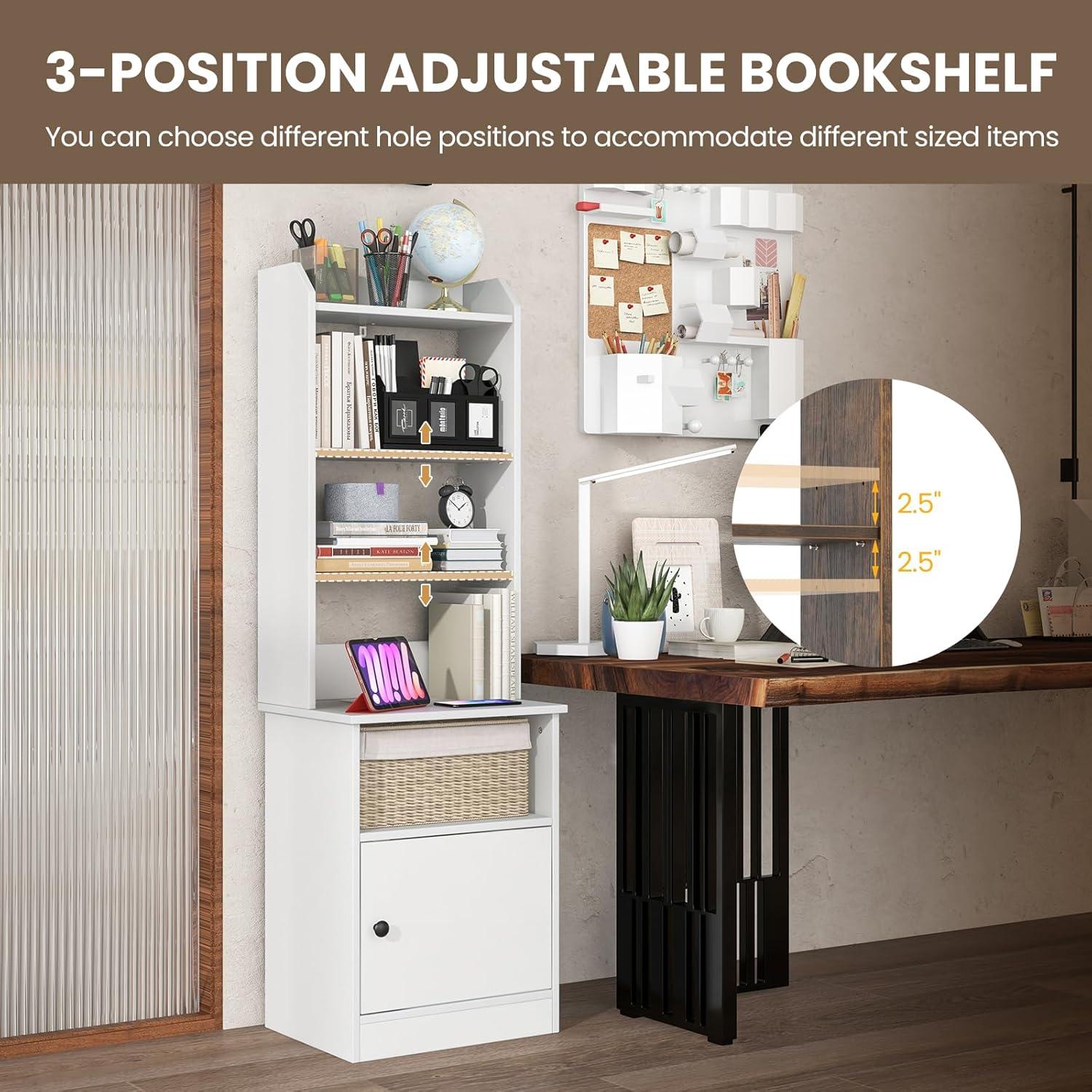 image:imageGiantex Tall Nightstand with Charging Station 56 Tall Bedside Table with 6Level Adjustable Bookshelf Modern End Side Table with Storage Cabinet for Bedroom WhiteWhite