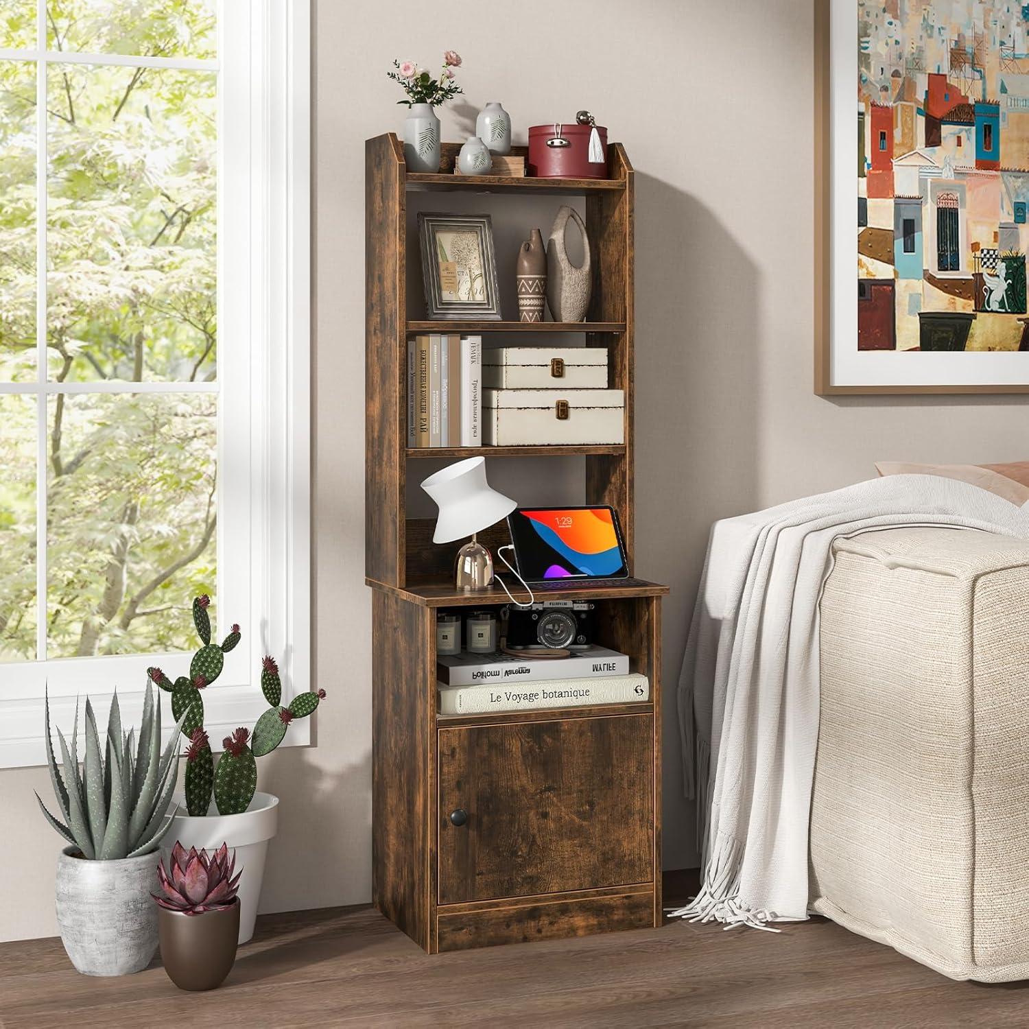 image:imageGiantex Tall Nightstand with Charging Station 56 Tall Bedside Table with 6Level Adjustable Bookshelf Modern End Side Table with Storage Cabinet for Bedroom WhiteRustic Brown