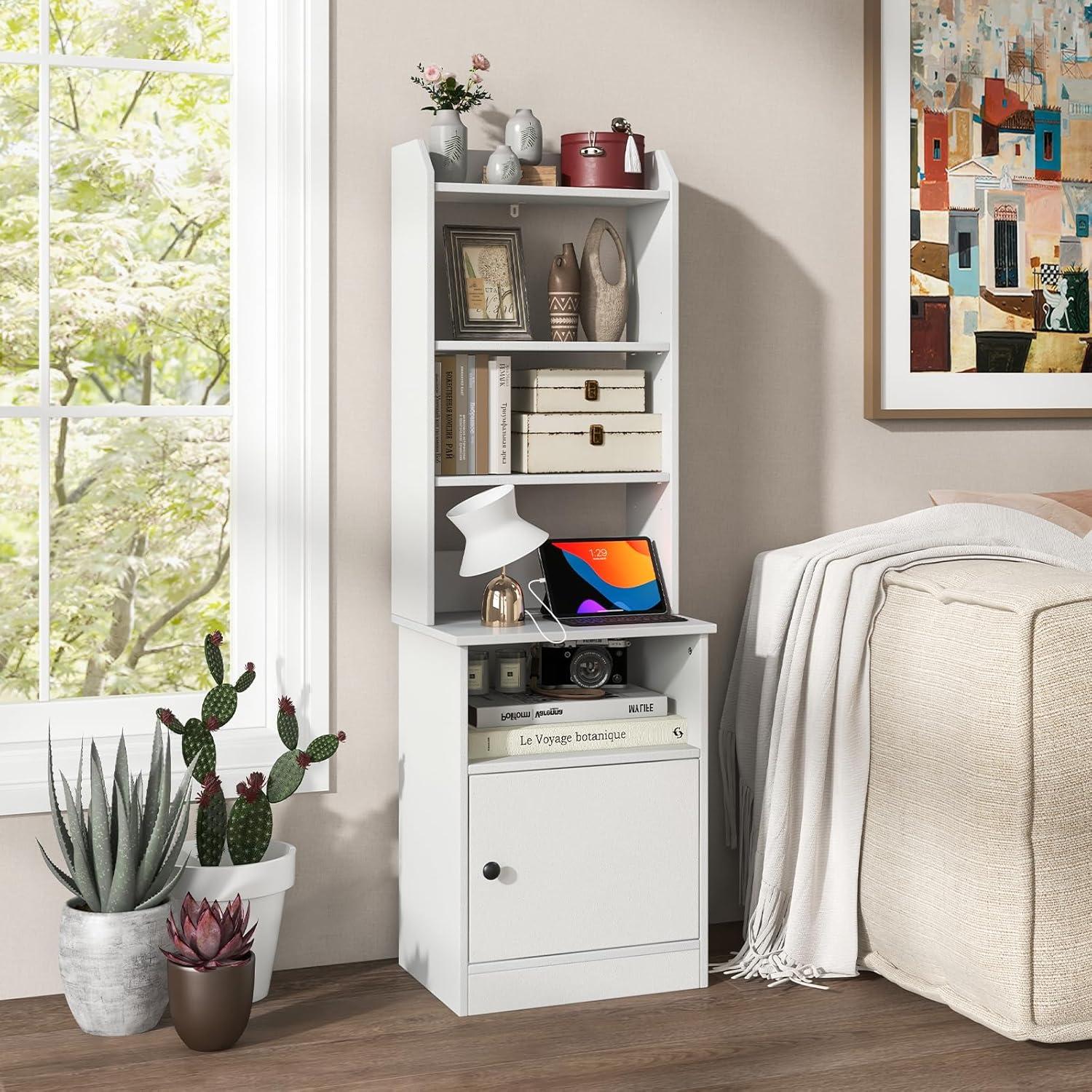 image:imageGiantex Tall Nightstand with Charging Station 56 Tall Bedside Table with 6Level Adjustable Bookshelf Modern End Side Table with Storage Cabinet for Bedroom WhiteWhite