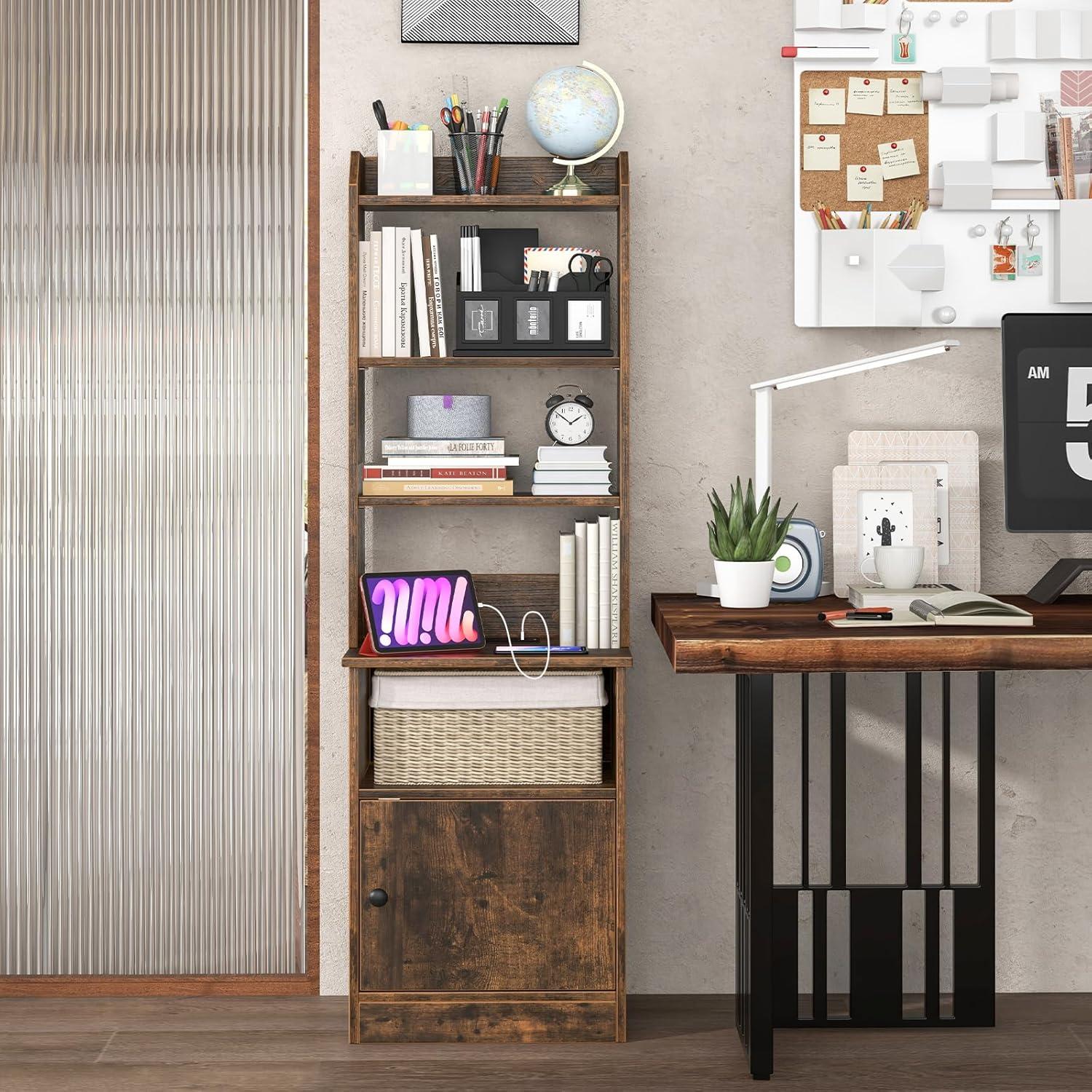image:imageGiantex Tall Nightstand with Charging Station 56 Tall Bedside Table with 6Level Adjustable Bookshelf Modern End Side Table with Storage Cabinet for Bedroom WhiteRustic Brown