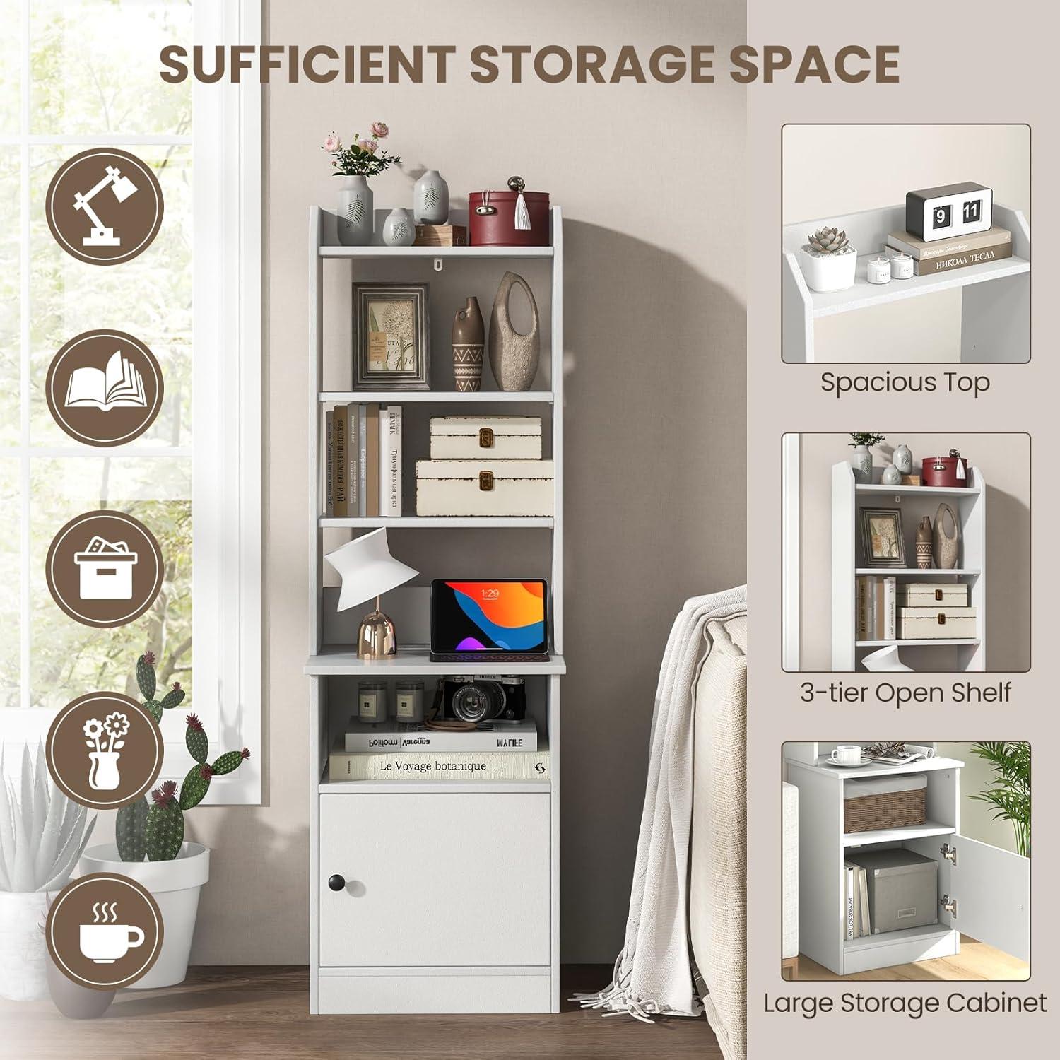 image:imageGiantex Tall Nightstand with Charging Station 56 Tall Bedside Table with 6Level Adjustable Bookshelf Modern End Side Table with Storage Cabinet for Bedroom WhiteWhite