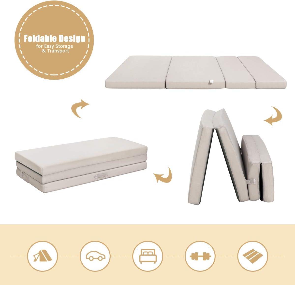 image:imageGiantex TriFold Folding Mattress Queen 4Inch Portable Sofa Bed with Washable Cover amp Handles HighDensity Foam Floor Couch for Adults Guest Bed for Camping Sleepovers GrayGrey