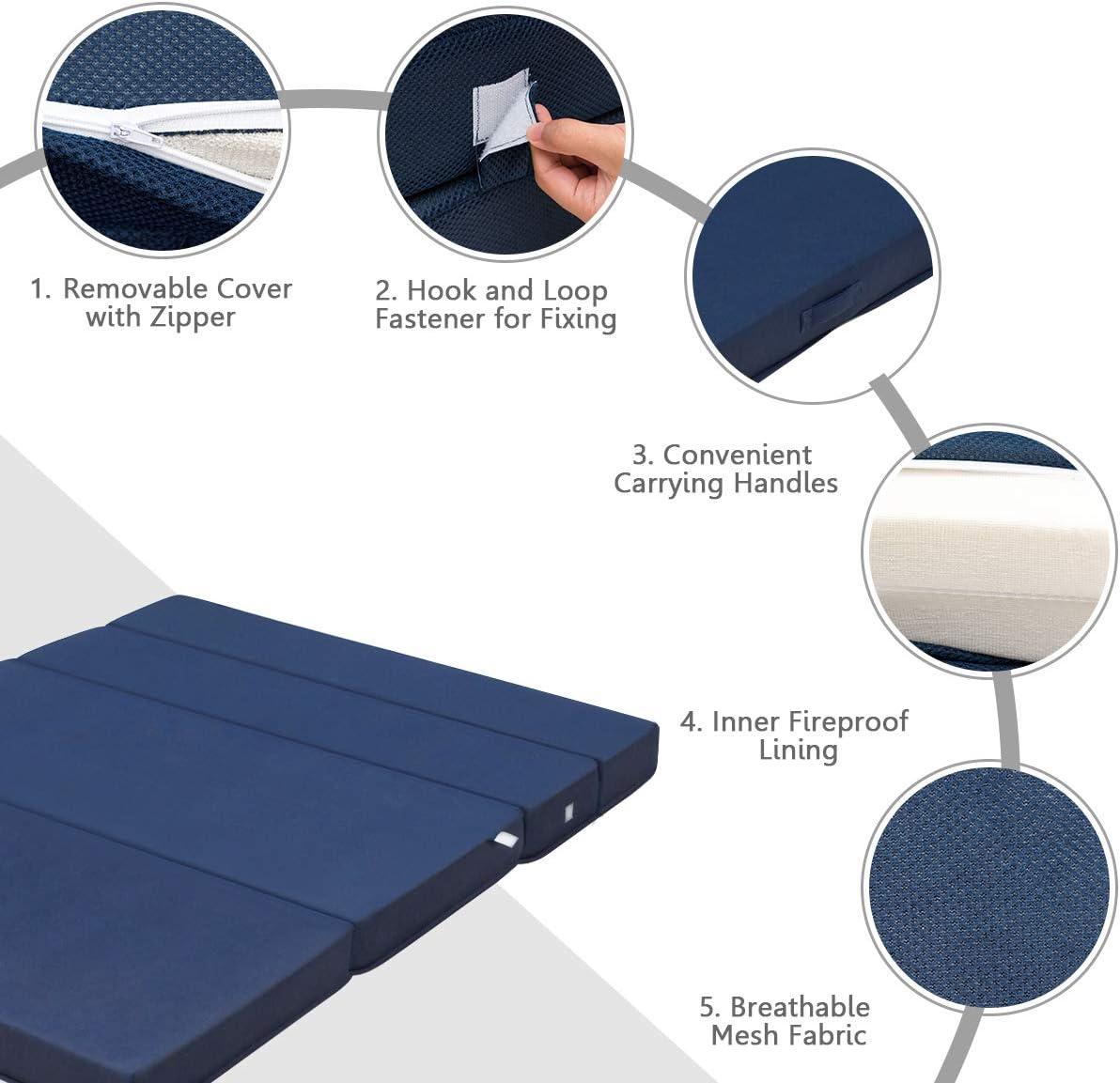 image:imageGiantex TriFold Folding Mattress Queen 4Inch Portable Sofa Bed with Washable Cover amp Handles HighDensity Foam Floor Couch for Adults Guest Bed for Camping Sleepovers GrayBlue