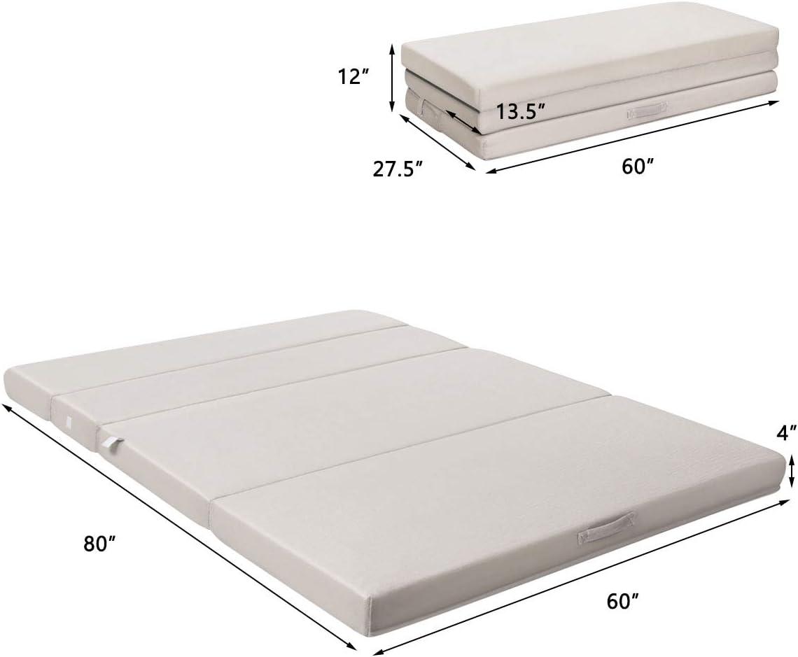 image:imageGiantex TriFold Folding Mattress Queen 4Inch Portable Sofa Bed with Washable Cover amp Handles HighDensity Foam Floor Couch for Adults Guest Bed for Camping Sleepovers GrayGrey