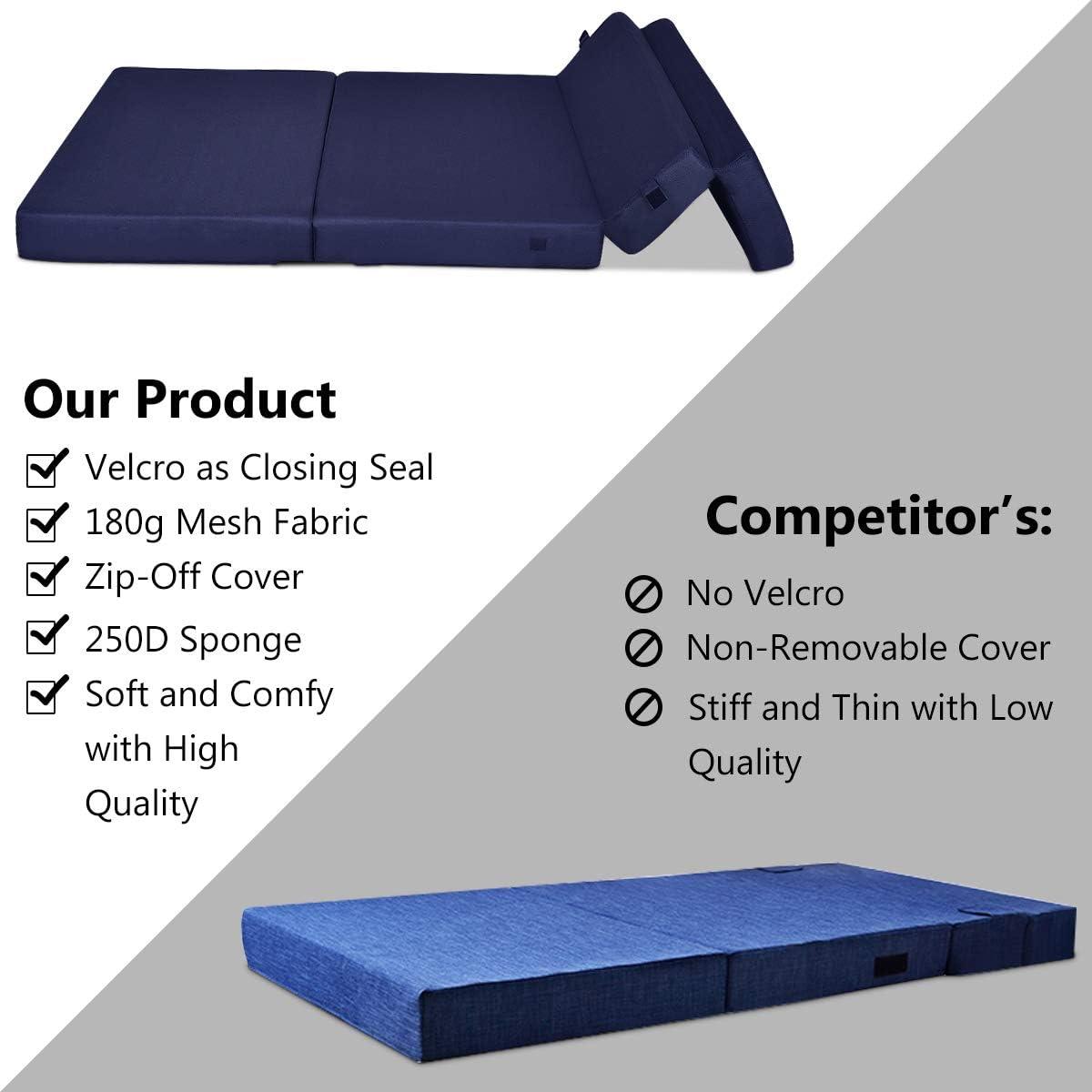 image:imageGiantex TriFold Folding Mattress Queen 4Inch Portable Sofa Bed with Washable Cover amp Handles HighDensity Foam Floor Couch for Adults Guest Bed for Camping Sleepovers GrayBlue