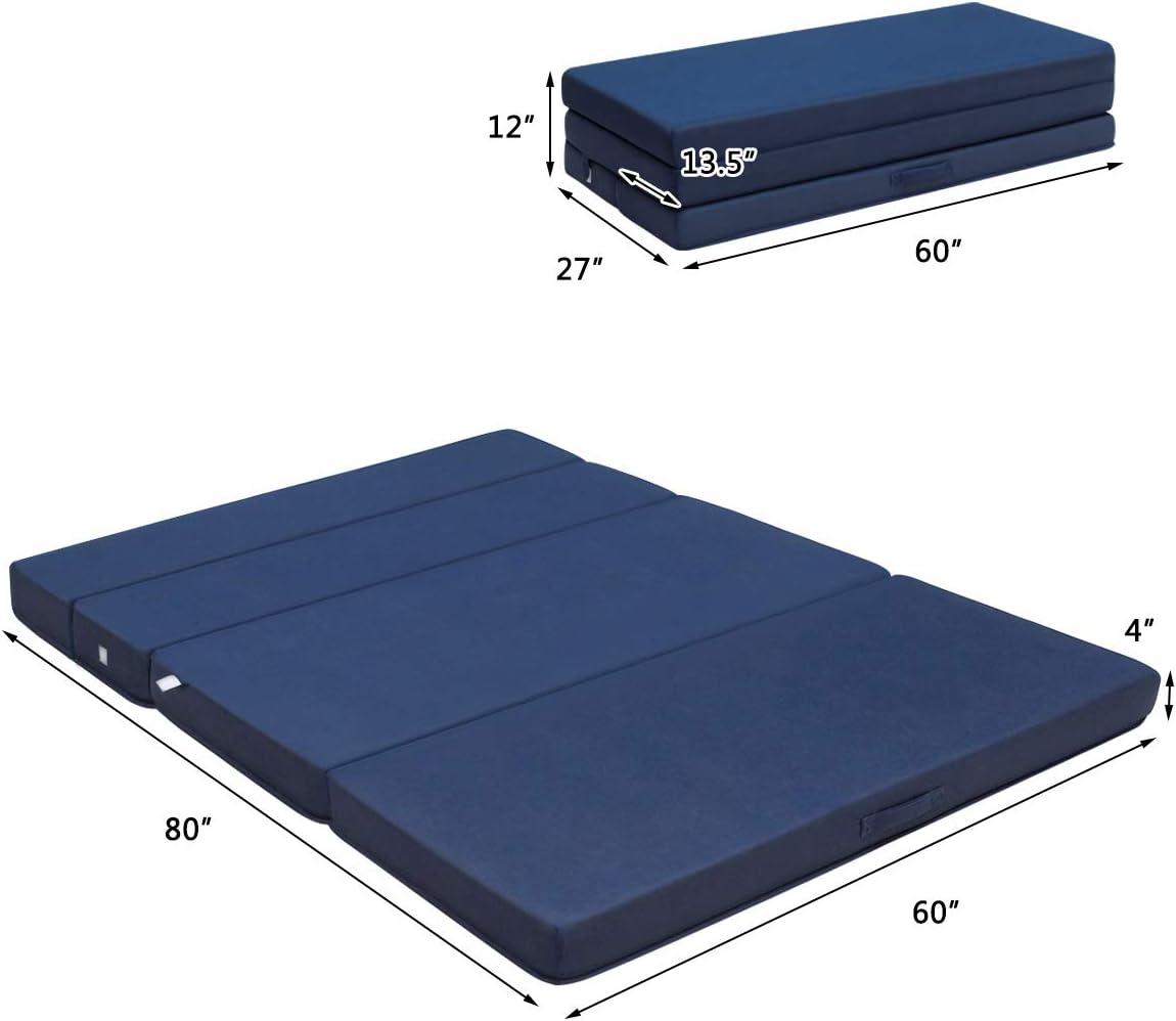 image:imageGiantex TriFold Folding Mattress Queen 4Inch Portable Sofa Bed with Washable Cover amp Handles HighDensity Foam Floor Couch for Adults Guest Bed for Camping Sleepovers GrayBlue