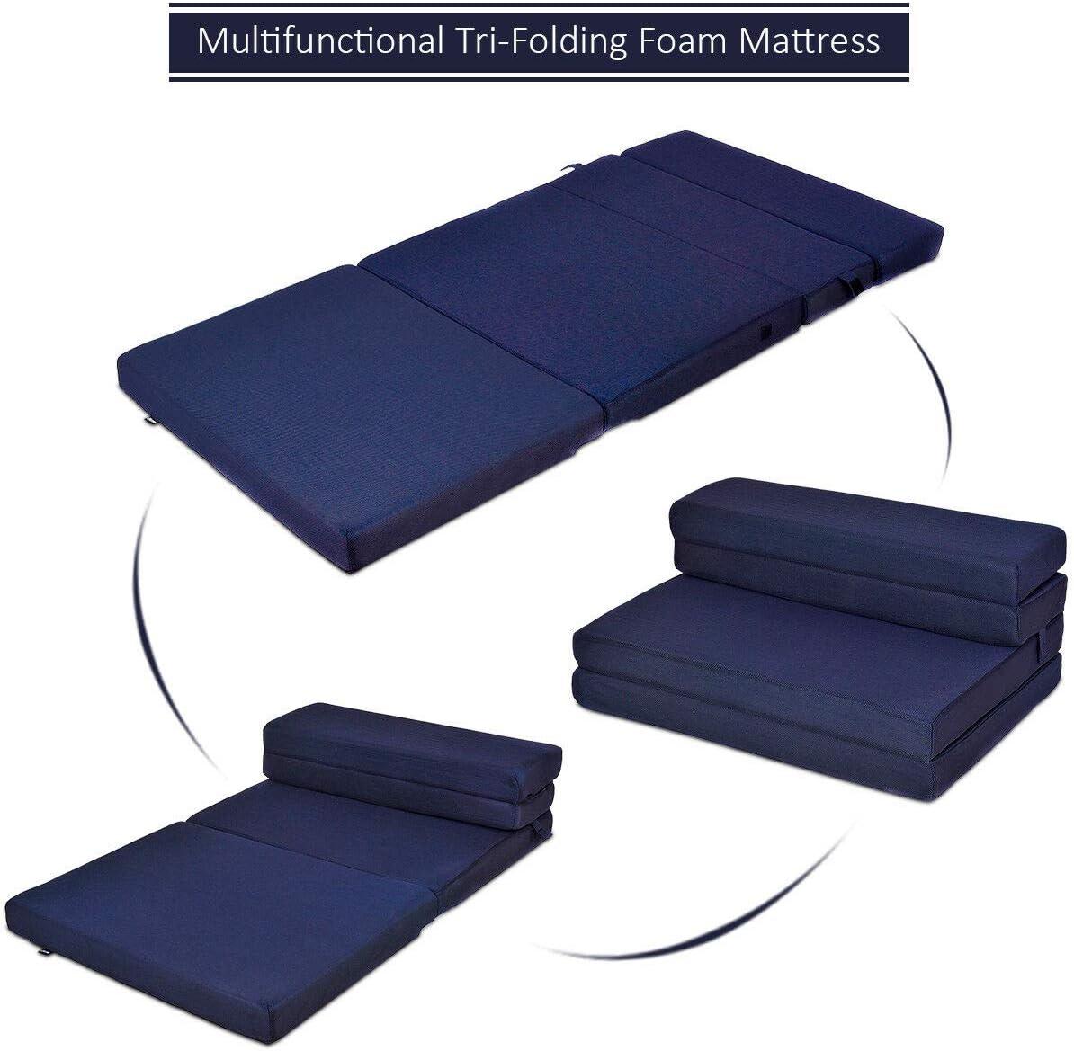 image:imageGiantex TriFold Folding Mattress Queen 4Inch Portable Sofa Bed with Washable Cover amp Handles HighDensity Foam Floor Couch for Adults Guest Bed for Camping Sleepovers GrayBlue