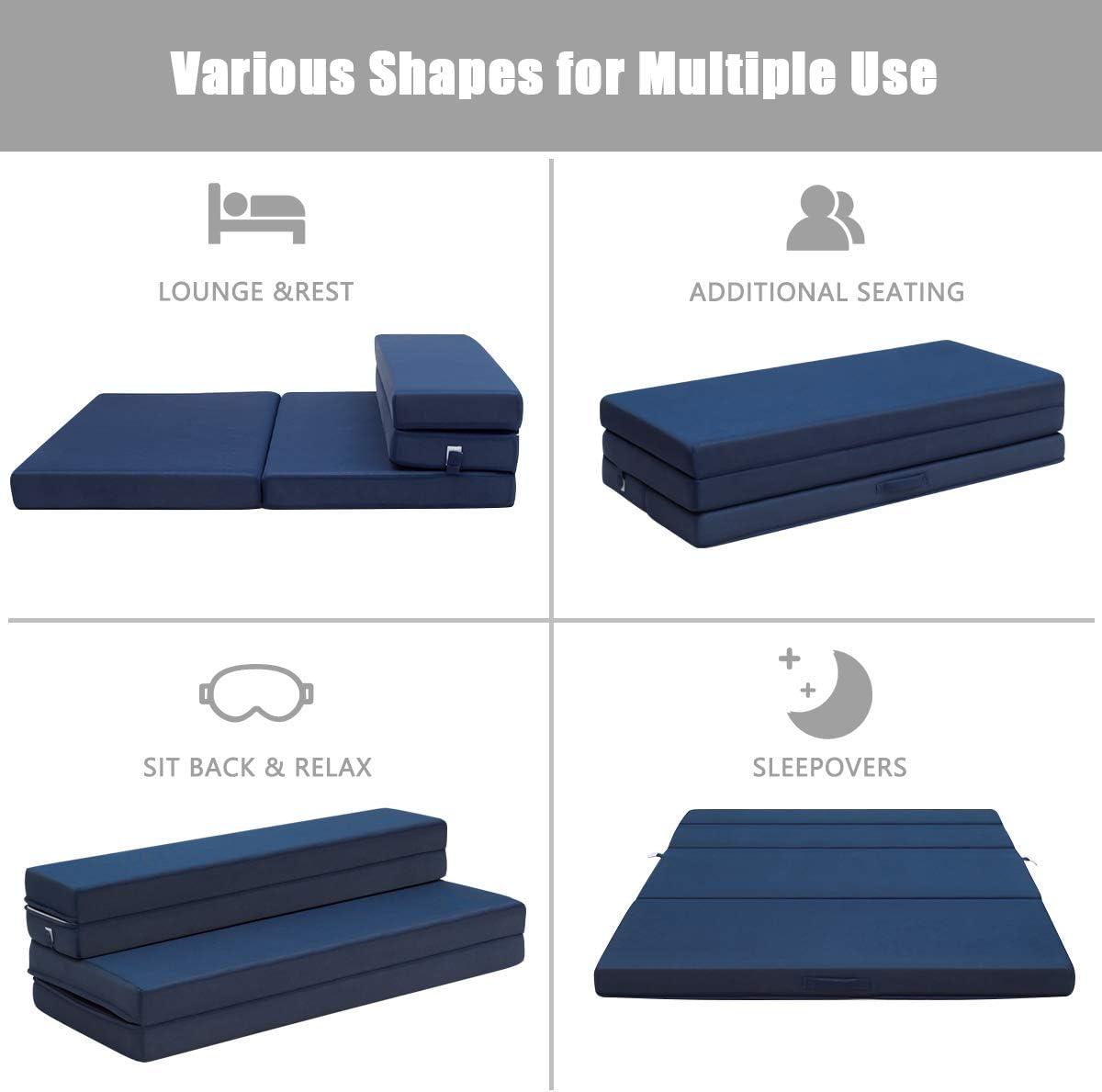 image:imageGiantex TriFold Folding Mattress Queen 4Inch Portable Sofa Bed with Washable Cover amp Handles HighDensity Foam Floor Couch for Adults Guest Bed for Camping Sleepovers GrayBlue