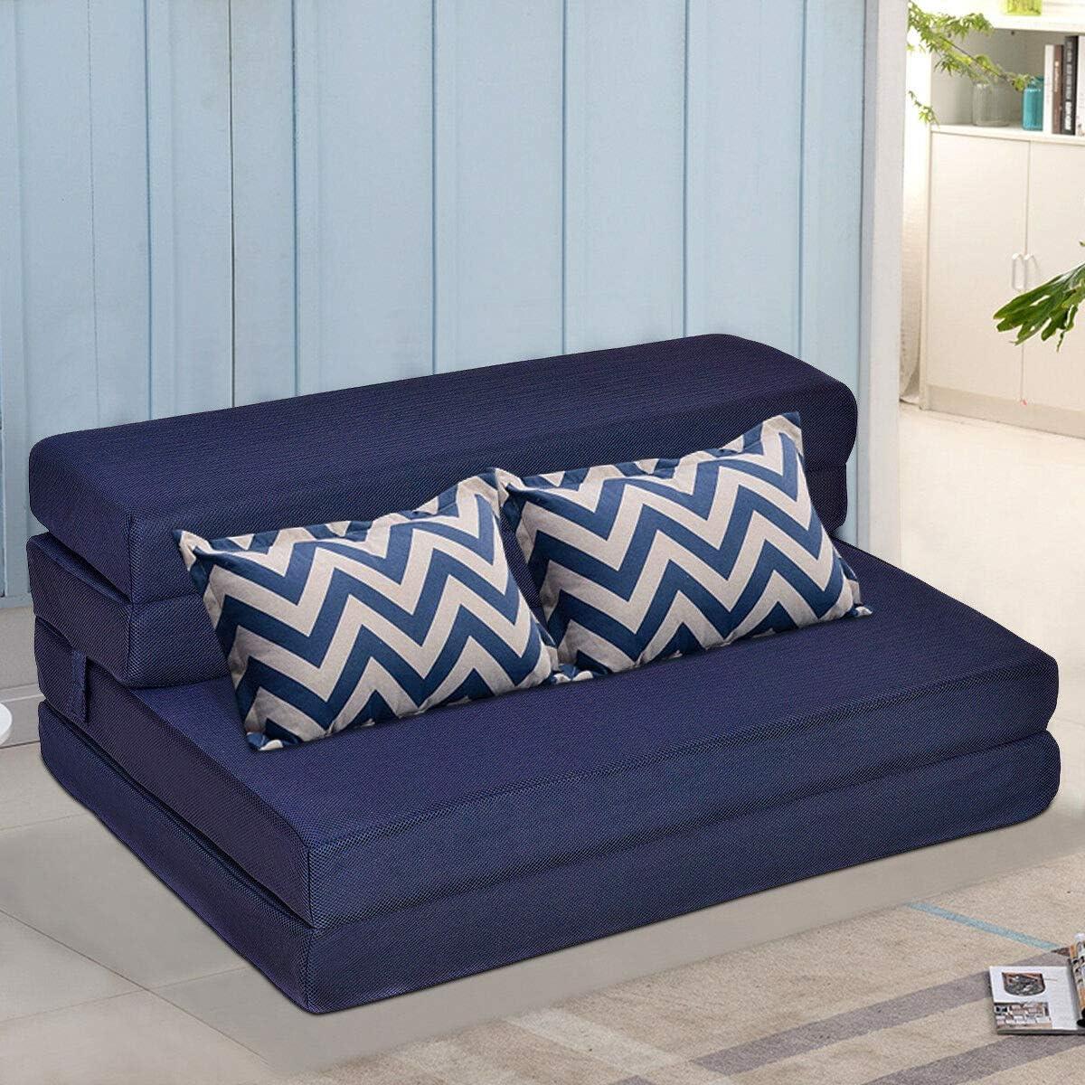 image:imageGiantex TriFold Folding Mattress Queen 4Inch Portable Sofa Bed with Washable Cover amp Handles HighDensity Foam Floor Couch for Adults Guest Bed for Camping Sleepovers GrayBlue