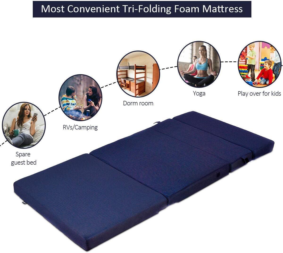 image:imageGiantex TriFold Folding Mattress Queen 4Inch Portable Sofa Bed with Washable Cover amp Handles HighDensity Foam Floor Couch for Adults Guest Bed for Camping Sleepovers GrayBlue