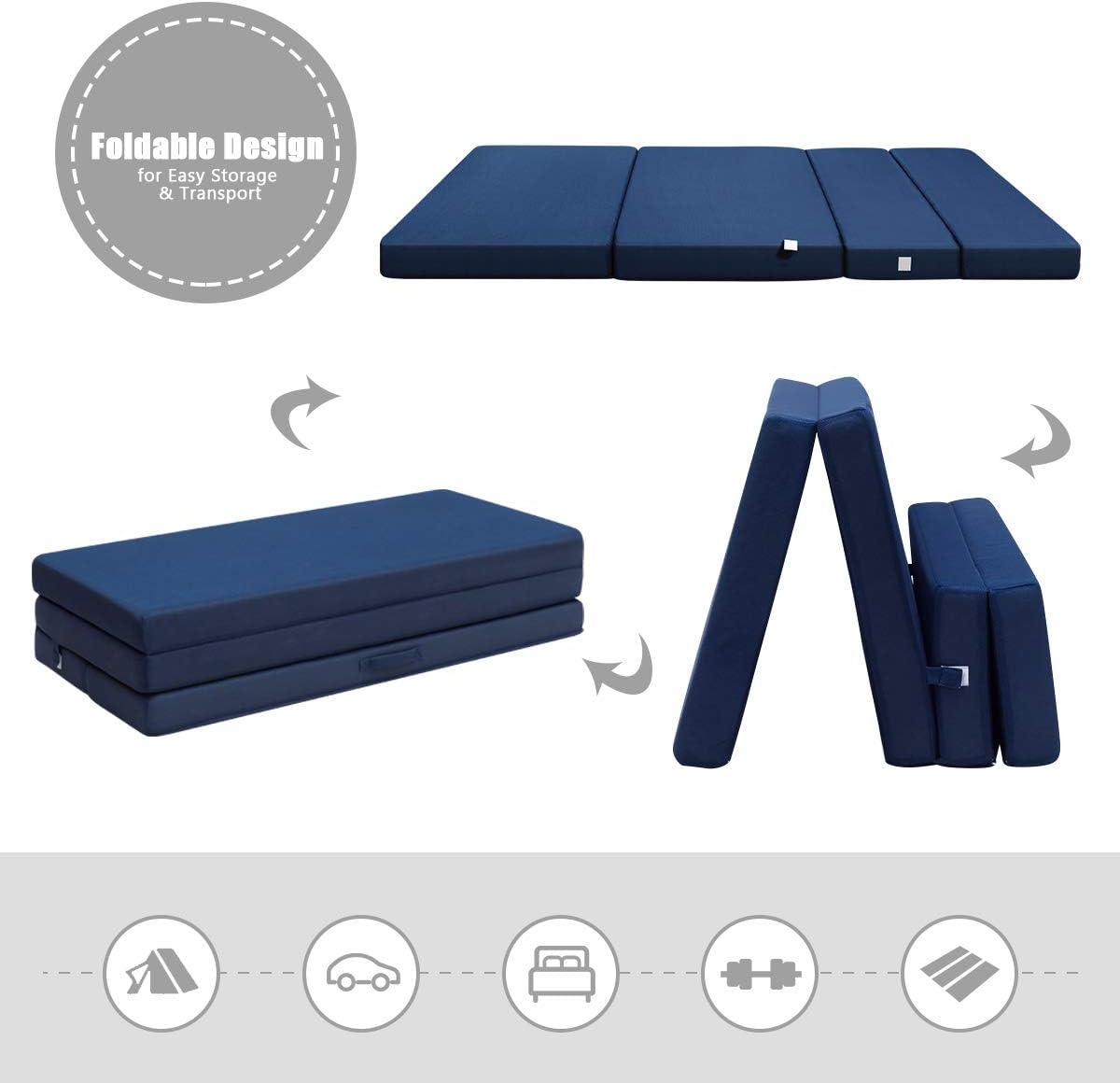 image:imageGiantex TriFold Folding Mattress Queen 4Inch Portable Sofa Bed with Washable Cover amp Handles HighDensity Foam Floor Couch for Adults Guest Bed for Camping Sleepovers GrayBlue