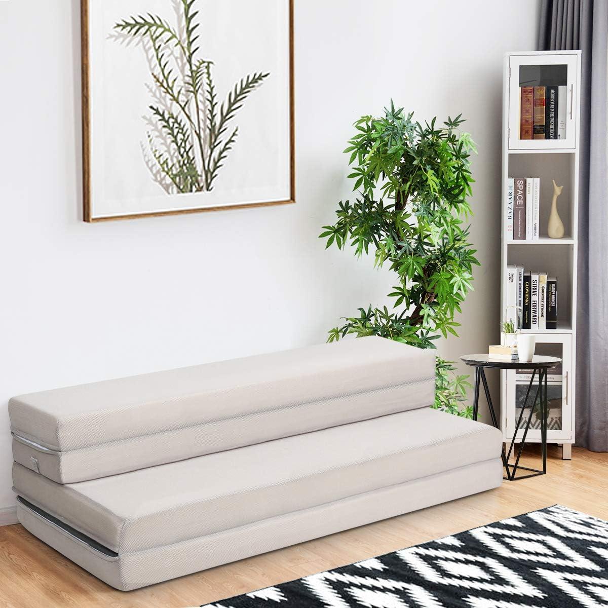image:imageGiantex TriFold Folding Mattress Queen 4Inch Portable Sofa Bed with Washable Cover amp Handles HighDensity Foam Floor Couch for Adults Guest Bed for Camping Sleepovers GrayGrey