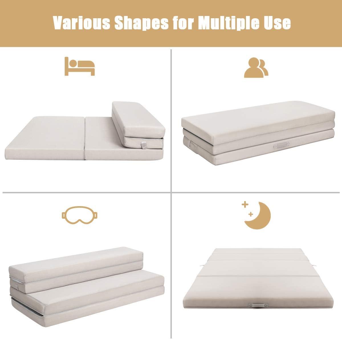 image:imageGiantex TriFold Folding Mattress Queen 4Inch Portable Sofa Bed with Washable Cover amp Handles HighDensity Foam Floor Couch for Adults Guest Bed for Camping Sleepovers GrayGrey