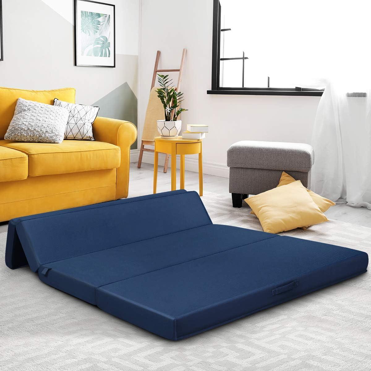 image:imageGiantex TriFold Folding Mattress Queen 4Inch Portable Sofa Bed with Washable Cover amp Handles HighDensity Foam Floor Couch for Adults Guest Bed for Camping Sleepovers GrayBlue