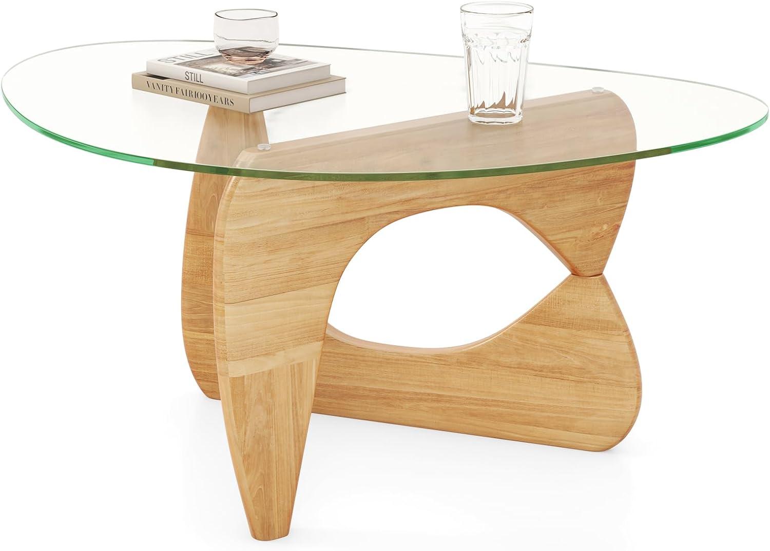 image:imageGiantex Triangle Glass Coffee Table Solid Wood Tea Table with Tempered Glass Top amp Adjustable Base Small Accent Table for Small Spaces Mid Century Modern Center Table for Living Room NaturalNatural