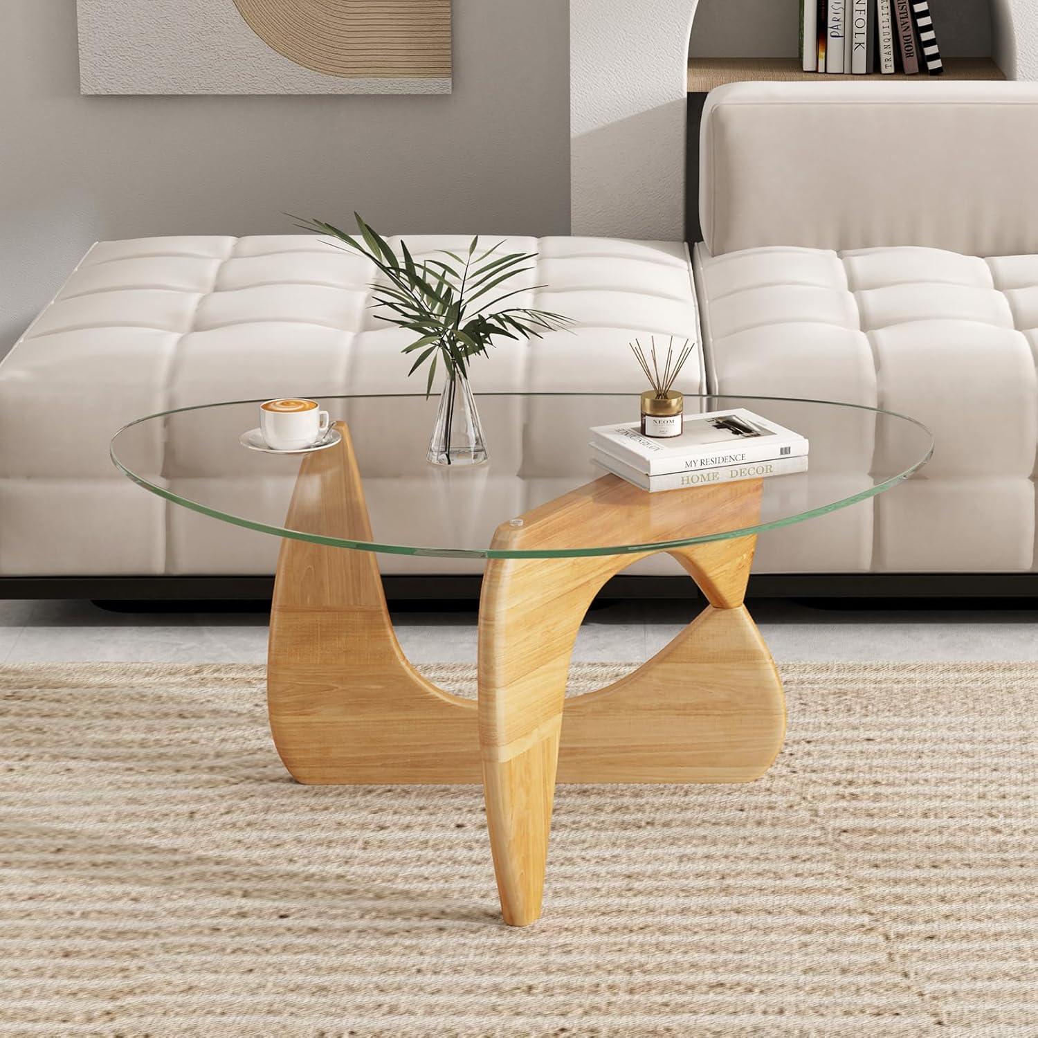 image:imageGiantex Triangle Glass Coffee Table Solid Wood Tea Table with Tempered Glass Top amp Adjustable Base Small Accent Table for Small Spaces Mid Century Modern Center Table for Living Room NaturalNatural