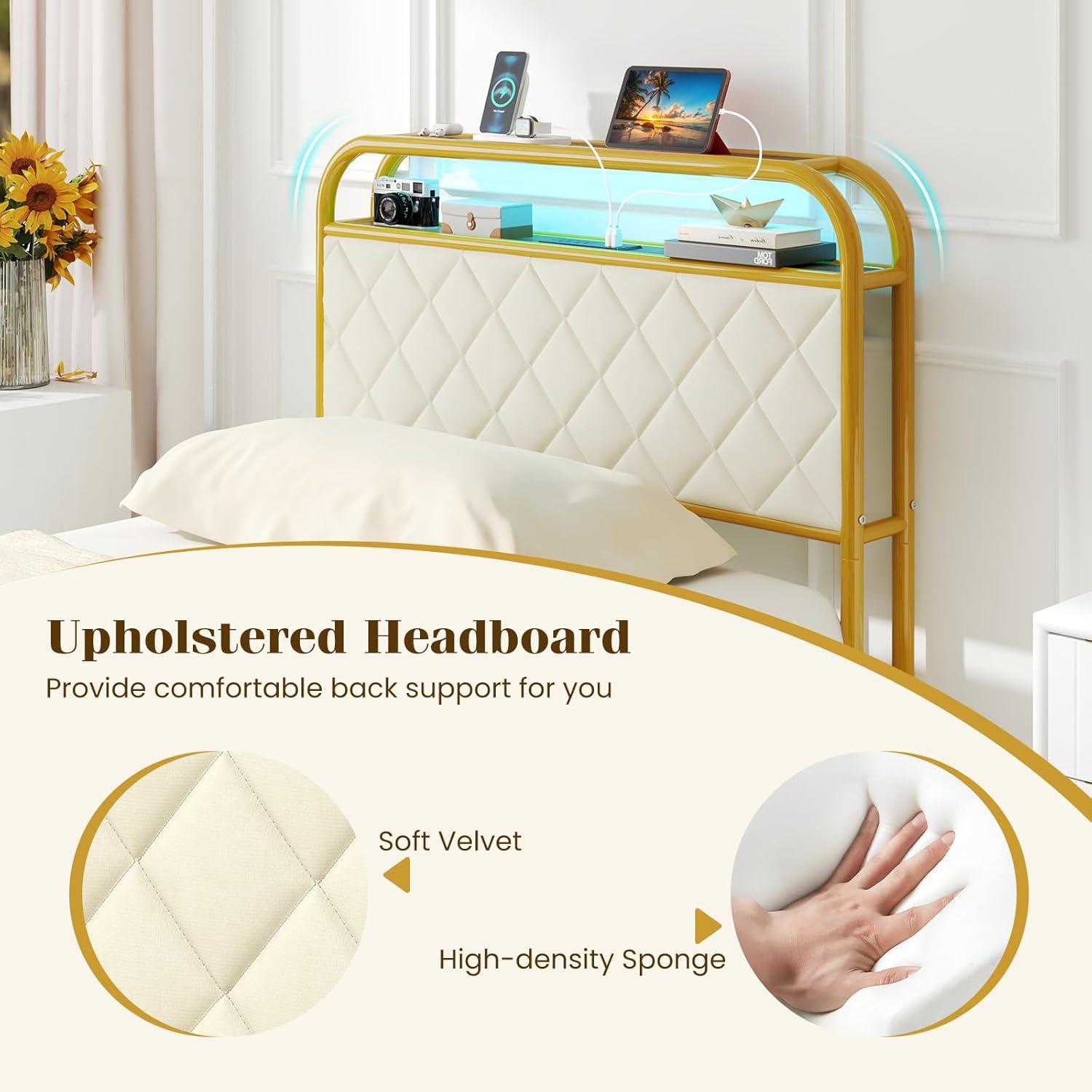 image:imageGiantex Twin Bed Frame with 4 Storage Drawers and Charging Station Metal Twin Size Platform Bed wLED Lights amp Velvet Upholstered Headboard No Box Spring Needed Twin Storage Bed Gold amp Beige