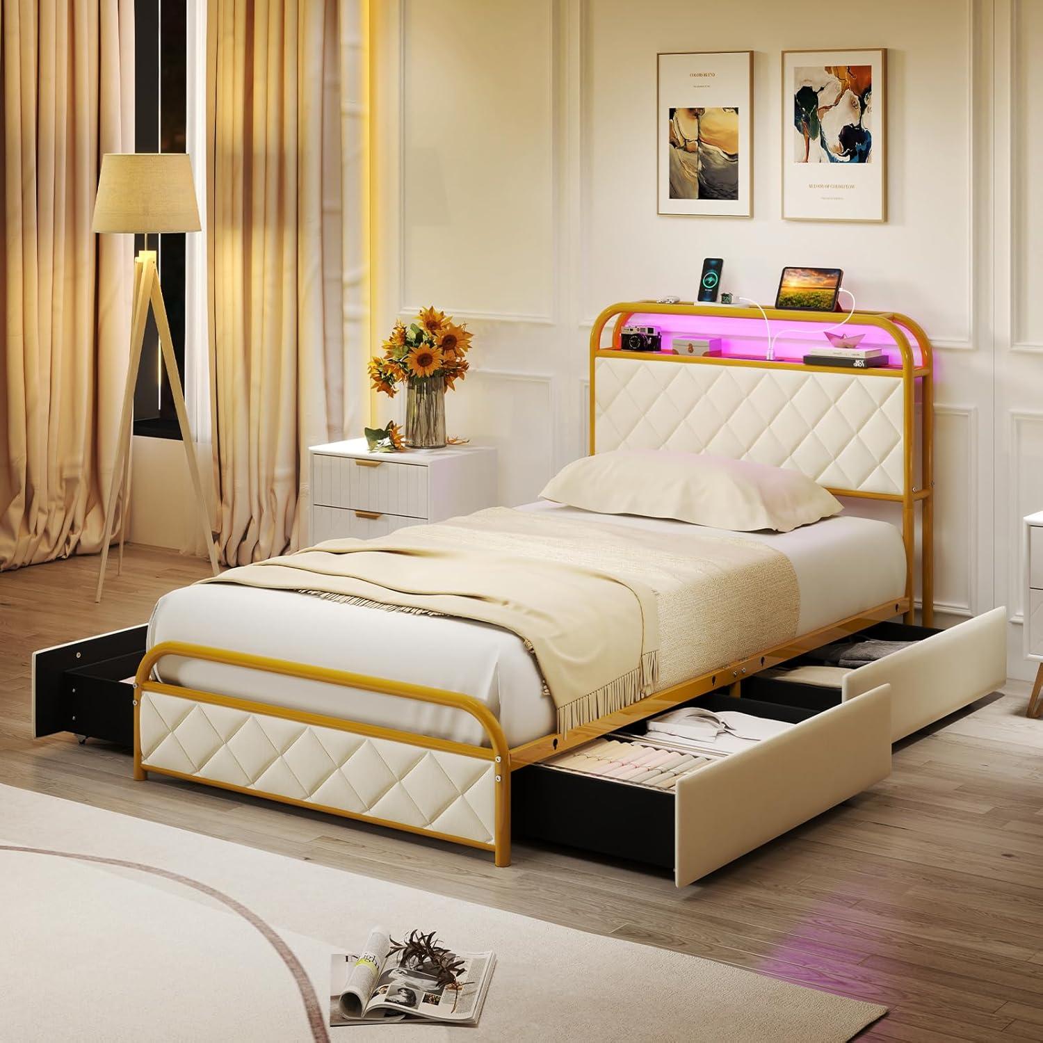 image:imageGiantex Twin Bed Frame with 4 Storage Drawers and Charging Station Metal Twin Size Platform Bed wLED Lights amp Velvet Upholstered Headboard No Box Spring Needed Twin Storage Bed Gold amp Beige