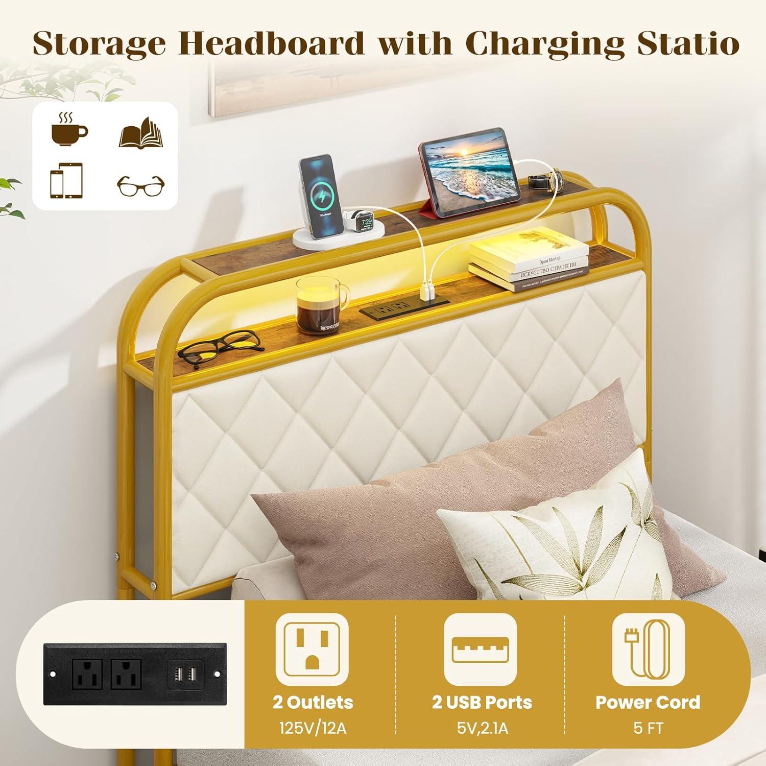 image:imageGiantex Twin Bed Frame with 4 Storage Drawers and Charging Station Metal Twin Size Platform Bed wLED Lights amp Velvet Upholstered Headboard No Box Spring Needed Twin Storage Bed Gold amp Beige
