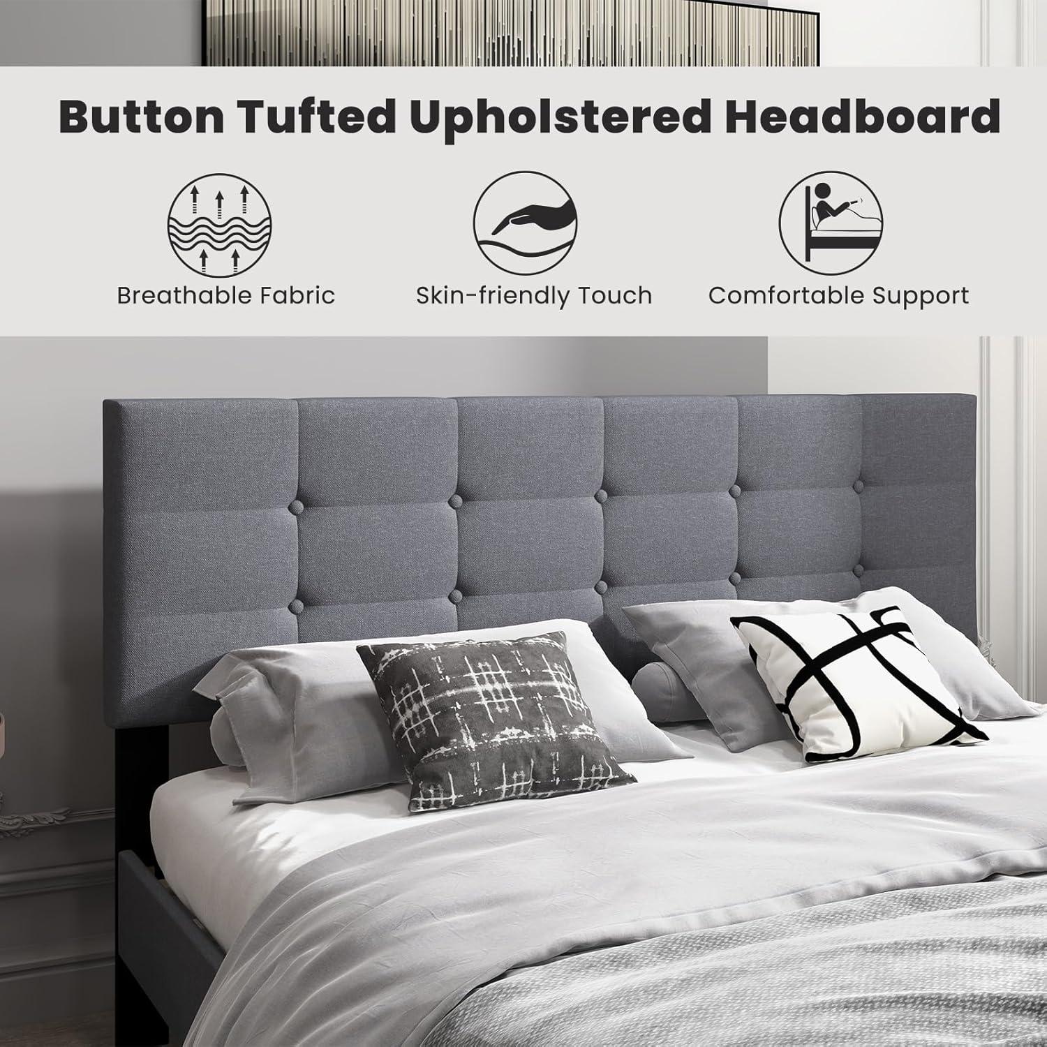 image:imageGiantex Twin Bed Frames for Kids Modern Fabric Linen Upholstered Platform Bed Frame with Button Tufted Headboard and Wooden Slats No Box Spring Needed Kids Twin Bed for Boys Girls Navy BlueGrey