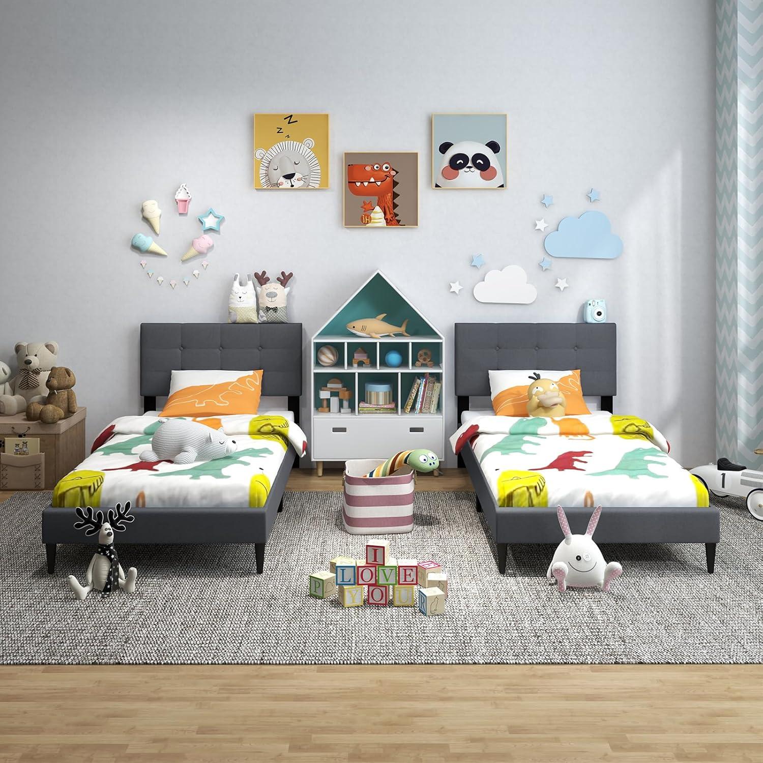 image:imageGiantex Twin Bed Frames for Kids Modern Fabric Linen Upholstered Platform Bed Frame with Button Tufted Headboard and Wooden Slats No Box Spring Needed Kids Twin Bed for Boys Girls Navy BlueGrey