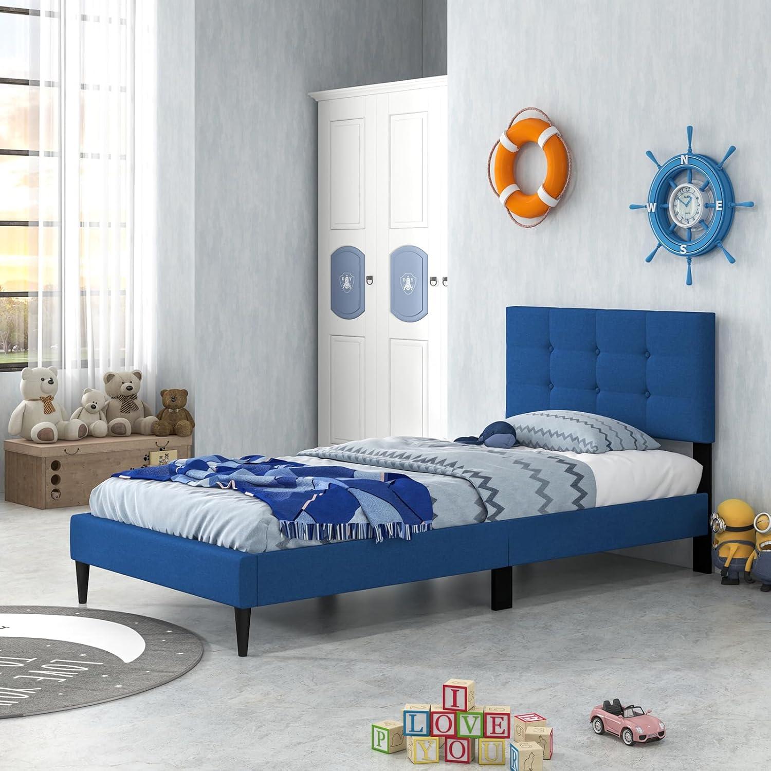 image:imageGiantex Twin Bed Frames for Kids Modern Fabric Linen Upholstered Platform Bed Frame with Button Tufted Headboard and Wooden Slats No Box Spring Needed Kids Twin Bed for Boys Girls Navy BlueNavy Blue