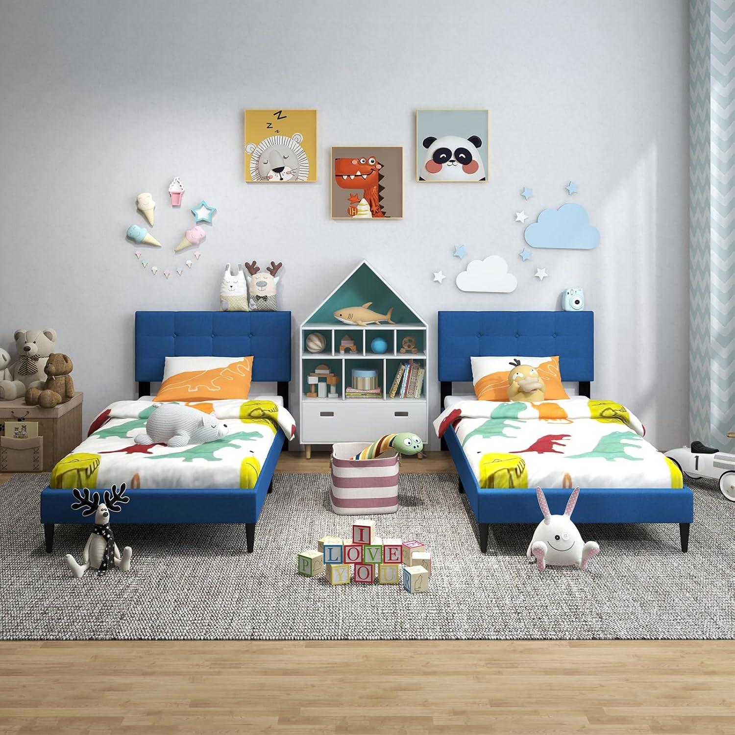 image:imageGiantex Twin Bed Frames for Kids Modern Fabric Linen Upholstered Platform Bed Frame with Button Tufted Headboard and Wooden Slats No Box Spring Needed Kids Twin Bed for Boys Girls Navy BlueNavy Blue