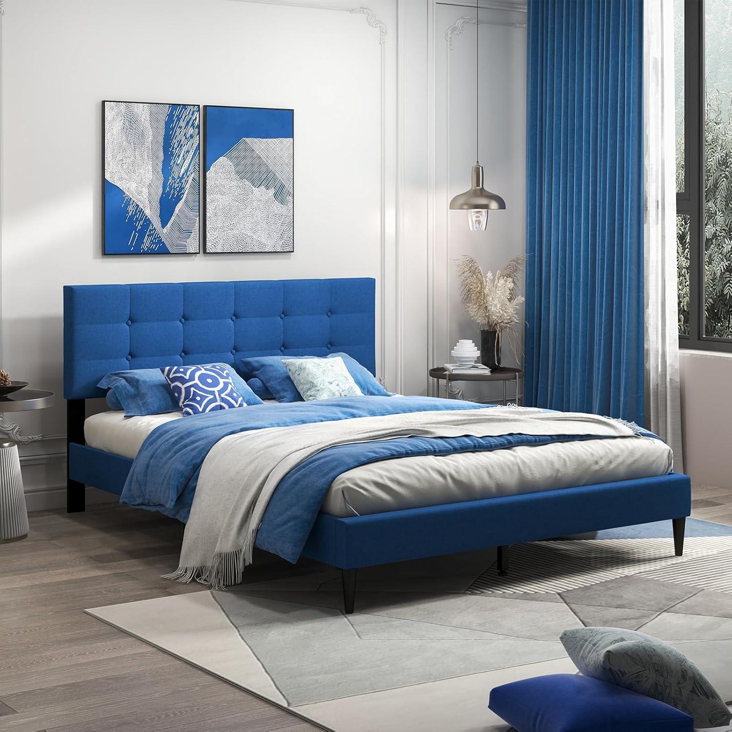 image:imageGiantex Twin Bed Frames for Kids Modern Fabric Linen Upholstered Platform Bed Frame with Button Tufted Headboard and Wooden Slats No Box Spring Needed Kids Twin Bed for Boys Girls Navy BlueNavy Blue