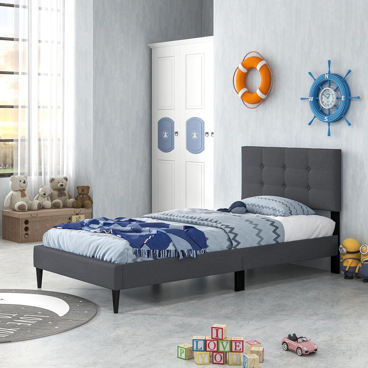 image:imageGiantex Twin Bed Frames for Kids Modern Fabric Linen Upholstered Platform Bed Frame with Button Tufted Headboard and Wooden Slats No Box Spring Needed Kids Twin Bed for Boys Girls Navy BlueGrey