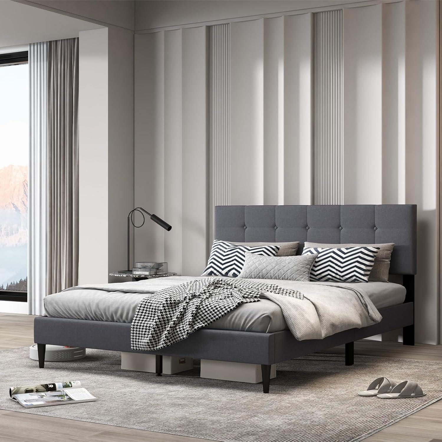 image:imageGiantex Twin Bed Frames for Kids Modern Fabric Linen Upholstered Platform Bed Frame with Button Tufted Headboard and Wooden Slats No Box Spring Needed Kids Twin Bed for Boys Girls Navy BlueGrey