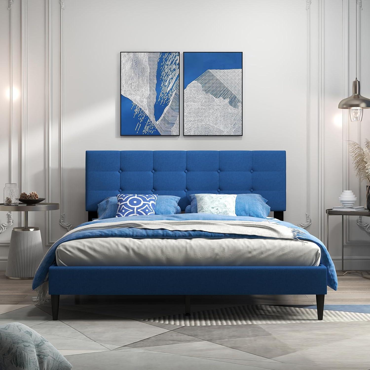 image:imageGiantex Twin Bed Frames for Kids Modern Fabric Linen Upholstered Platform Bed Frame with Button Tufted Headboard and Wooden Slats No Box Spring Needed Kids Twin Bed for Boys Girls Navy BlueNavy Blue