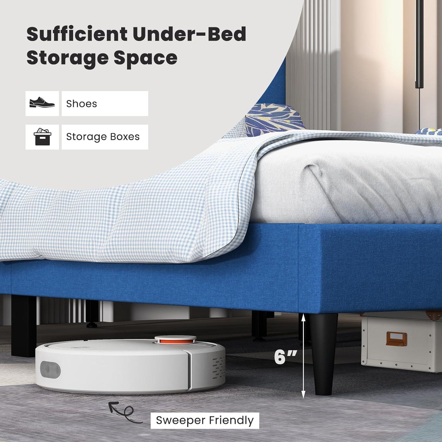 image:imageGiantex Twin Bed Frames for Kids Modern Fabric Linen Upholstered Platform Bed Frame with Button Tufted Headboard and Wooden Slats No Box Spring Needed Kids Twin Bed for Boys Girls Navy BlueNavy Blue