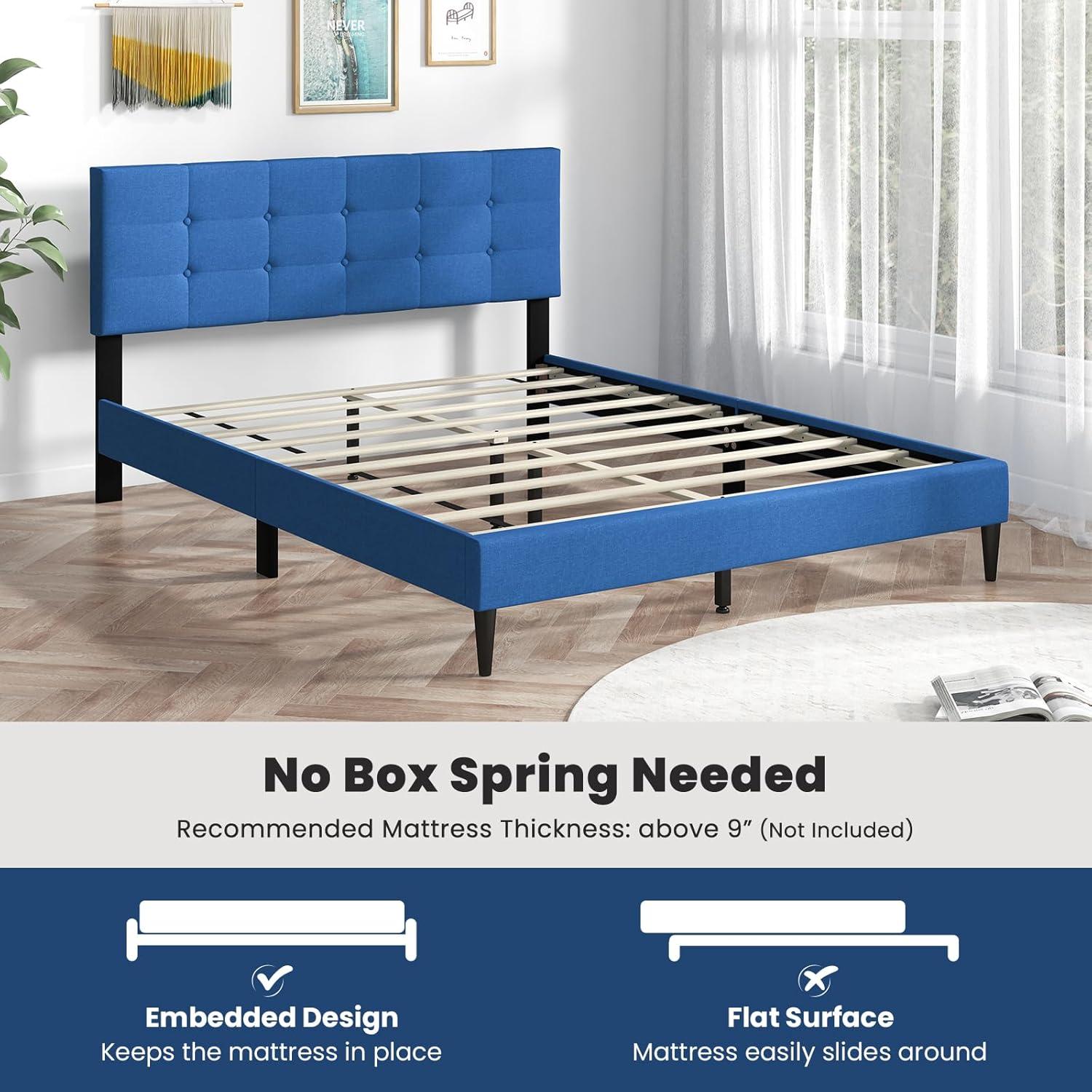 image:imageGiantex Twin Bed Frames for Kids Modern Fabric Linen Upholstered Platform Bed Frame with Button Tufted Headboard and Wooden Slats No Box Spring Needed Kids Twin Bed for Boys Girls Navy BlueNavy Blue