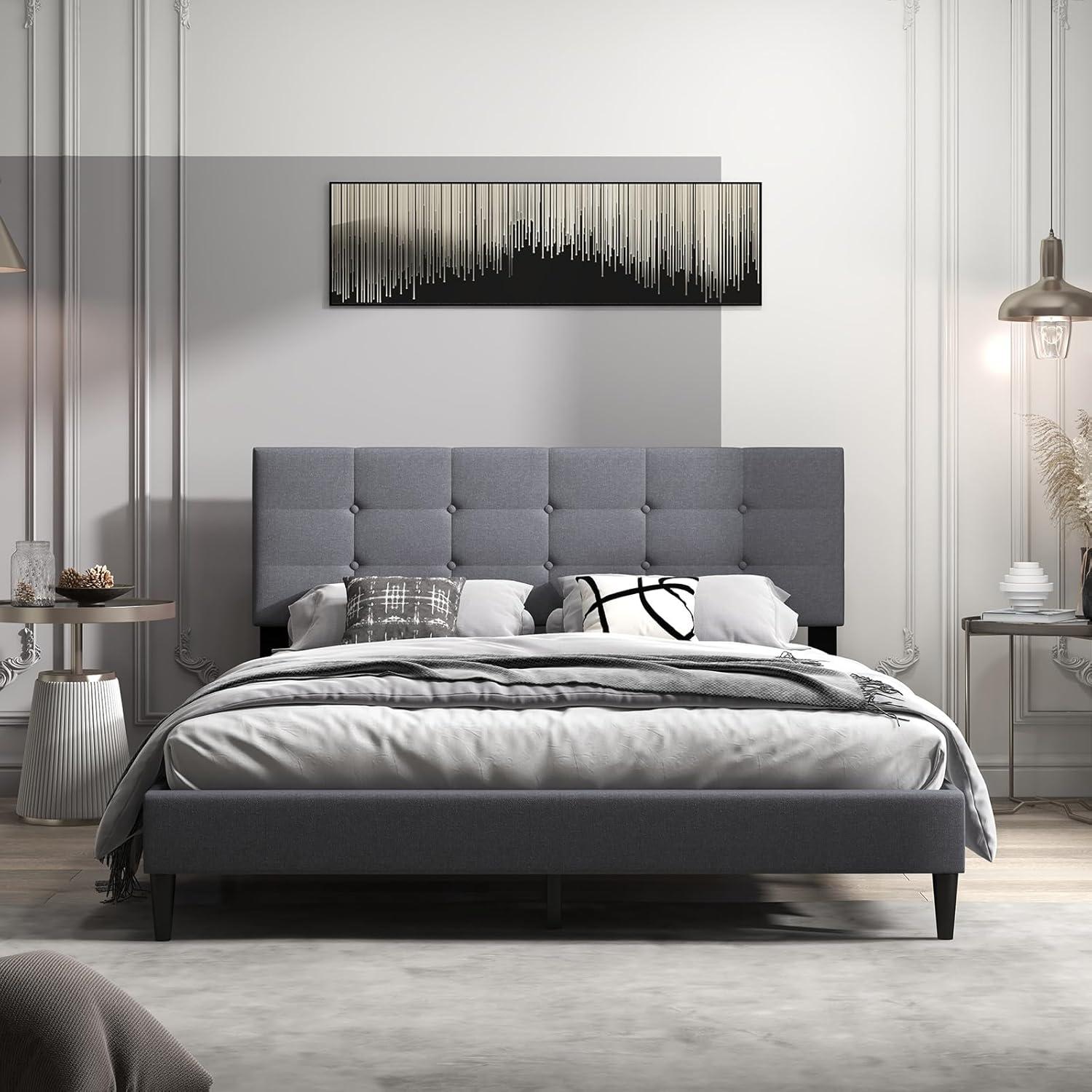 image:imageGiantex Twin Bed Frames for Kids Modern Fabric Linen Upholstered Platform Bed Frame with Button Tufted Headboard and Wooden Slats No Box Spring Needed Kids Twin Bed for Boys Girls Navy BlueGrey