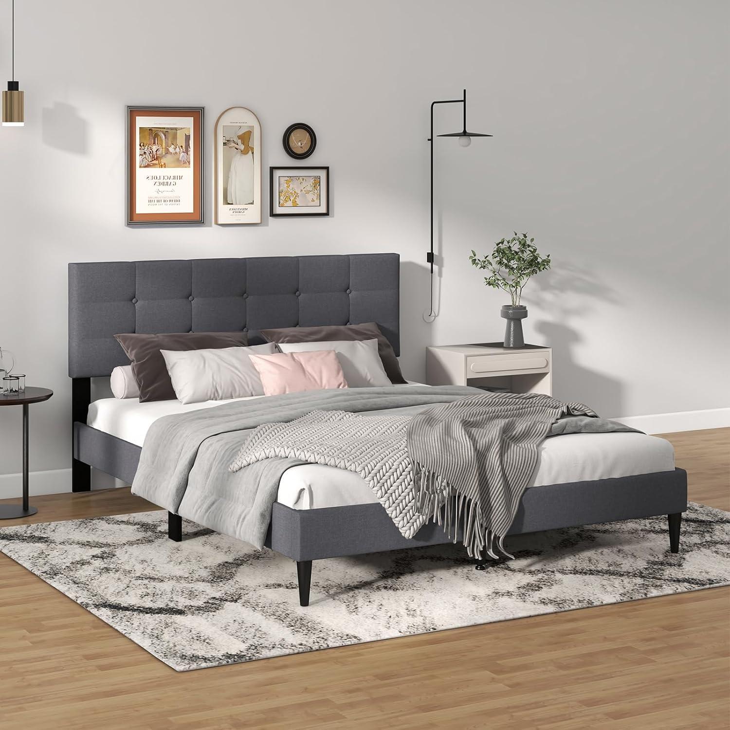 image:imageGiantex Twin Bed Frames for Kids Modern Fabric Linen Upholstered Platform Bed Frame with Button Tufted Headboard and Wooden Slats No Box Spring Needed Kids Twin Bed for Boys Girls Navy BlueGrey