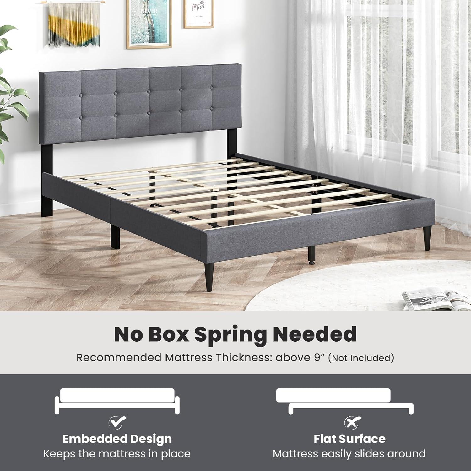 image:imageGiantex Twin Bed Frames for Kids Modern Fabric Linen Upholstered Platform Bed Frame with Button Tufted Headboard and Wooden Slats No Box Spring Needed Kids Twin Bed for Boys Girls Navy BlueGrey