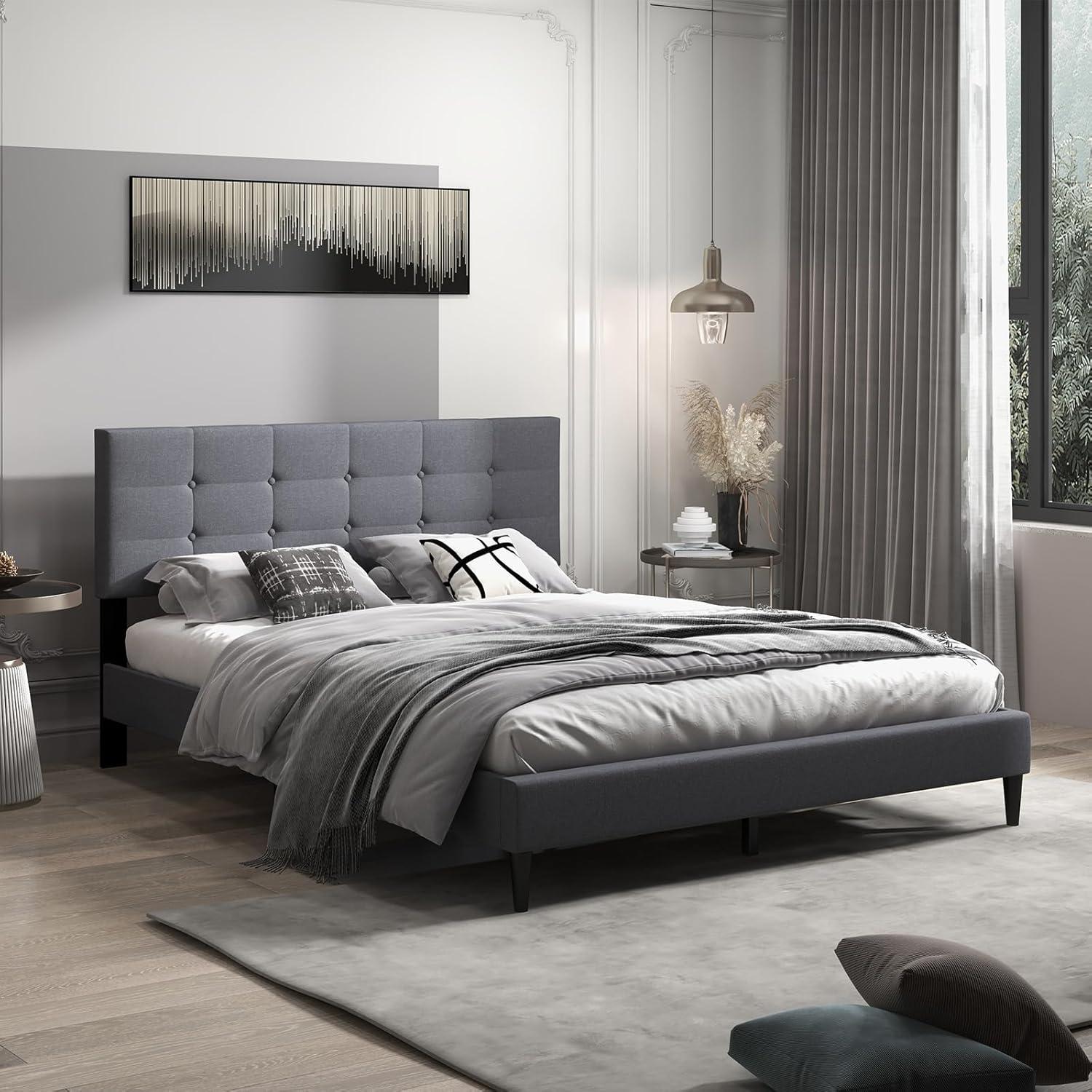 image:imageGiantex Twin Bed Frames for Kids Modern Fabric Linen Upholstered Platform Bed Frame with Button Tufted Headboard and Wooden Slats No Box Spring Needed Kids Twin Bed for Boys Girls Navy BlueGrey