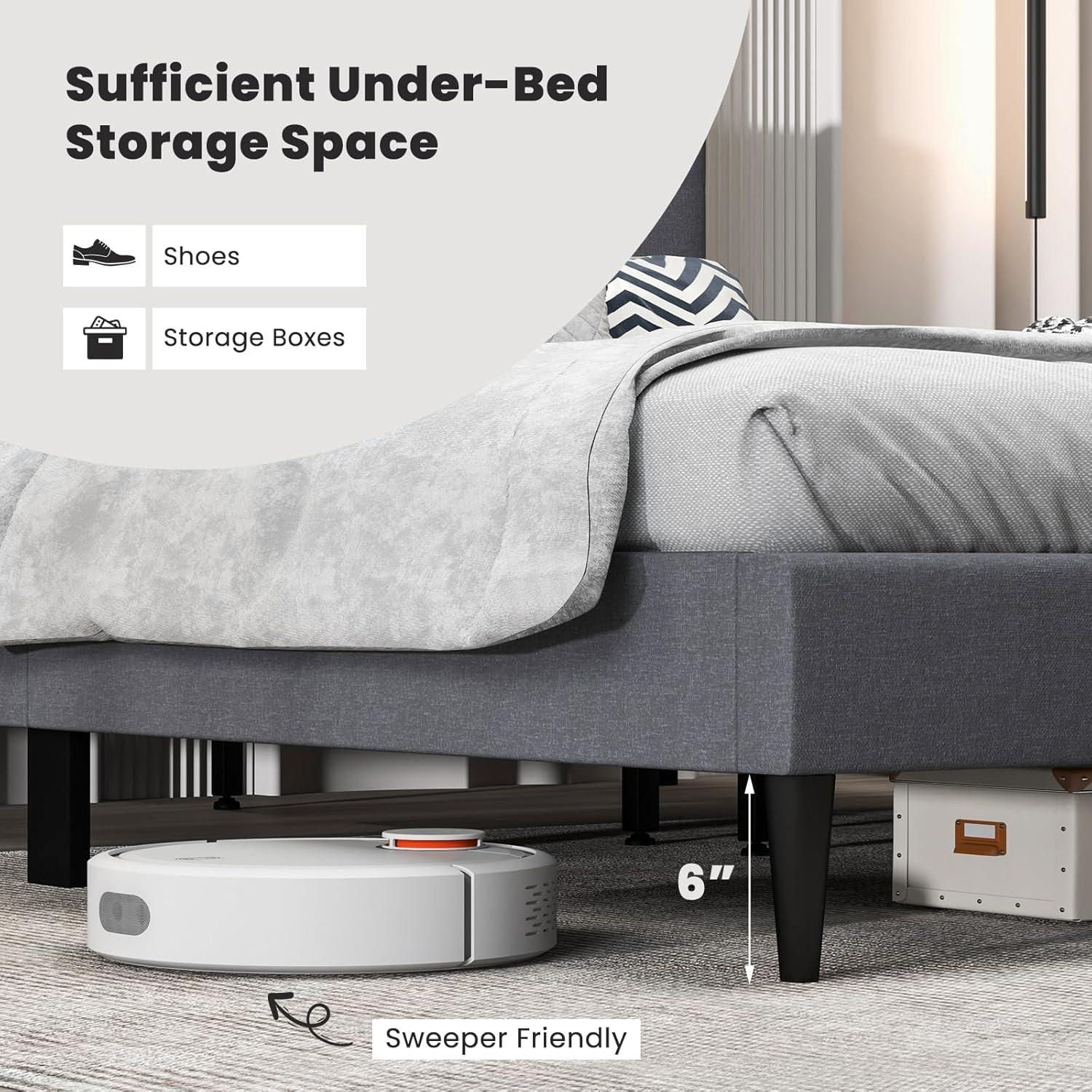 image:imageGiantex Twin Bed Frames for Kids Modern Fabric Linen Upholstered Platform Bed Frame with Button Tufted Headboard and Wooden Slats No Box Spring Needed Kids Twin Bed for Boys Girls Navy BlueGrey