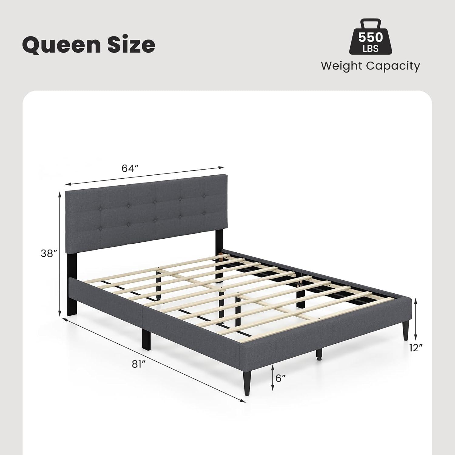 image:imageGiantex Twin Bed Frames for Kids Modern Fabric Linen Upholstered Platform Bed Frame with Button Tufted Headboard and Wooden Slats No Box Spring Needed Kids Twin Bed for Boys Girls Navy BlueGrey