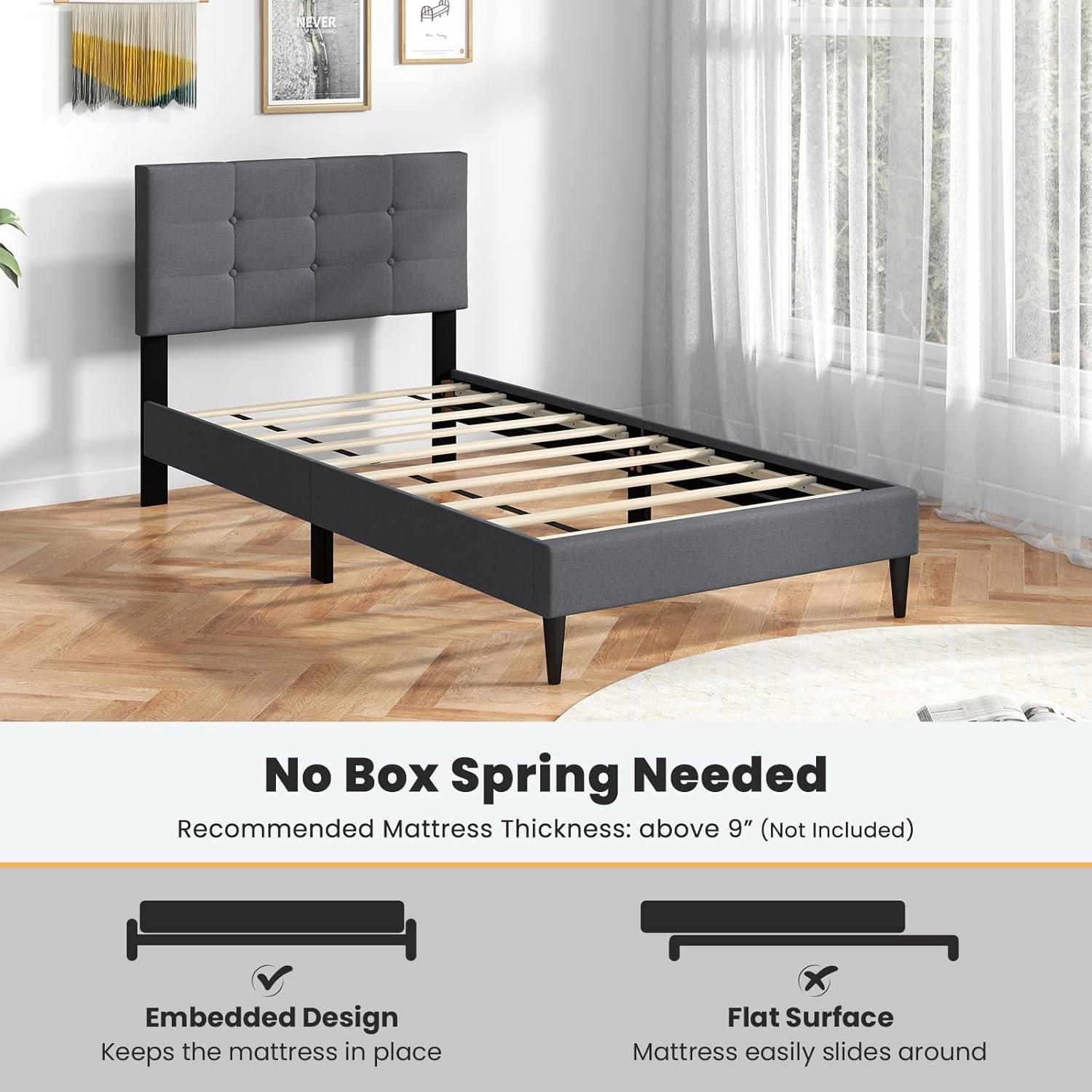 image:imageGiantex Twin Bed Frames for Kids Modern Fabric Linen Upholstered Platform Bed Frame with Button Tufted Headboard and Wooden Slats No Box Spring Needed Kids Twin Bed for Boys Girls Navy BlueGrey