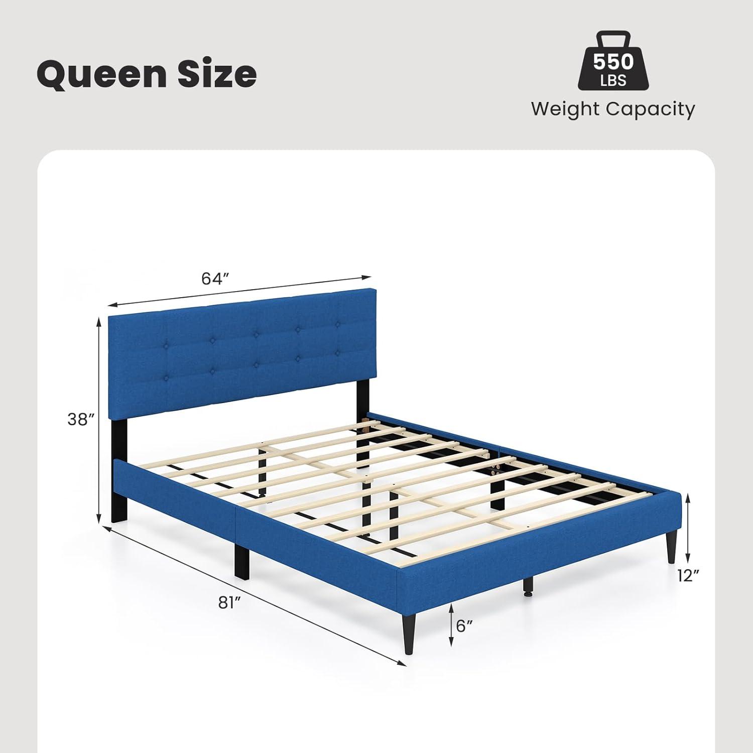 image:imageGiantex Twin Bed Frames for Kids Modern Fabric Linen Upholstered Platform Bed Frame with Button Tufted Headboard and Wooden Slats No Box Spring Needed Kids Twin Bed for Boys Girls Navy BlueNavy Blue