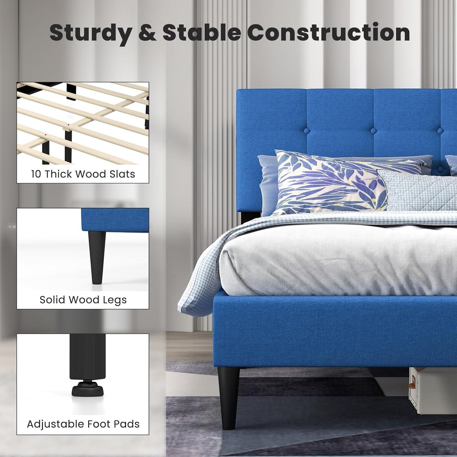 image:imageGiantex Twin Bed Frames for Kids Modern Fabric Linen Upholstered Platform Bed Frame with Button Tufted Headboard and Wooden Slats No Box Spring Needed Kids Twin Bed for Boys Girls Navy BlueNavy Blue