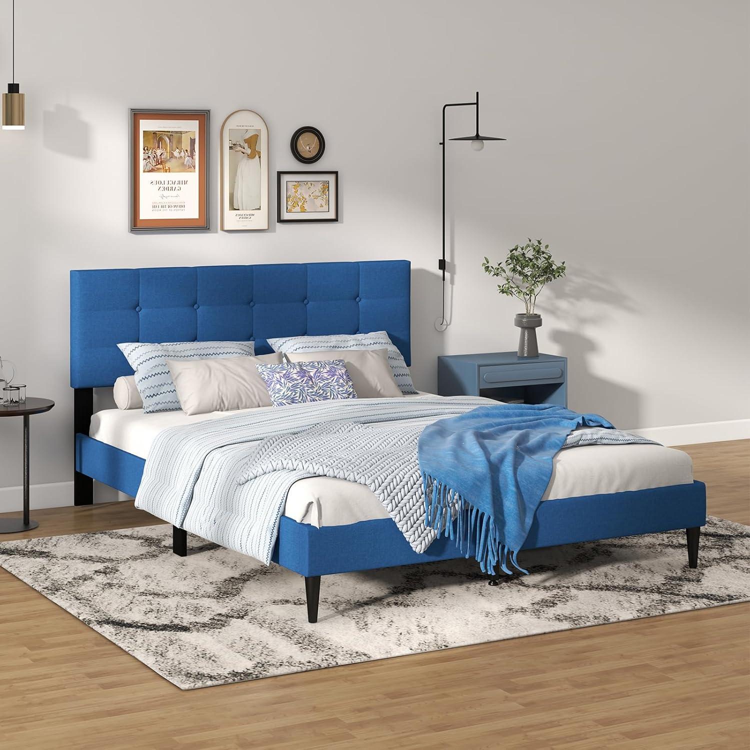image:imageGiantex Twin Bed Frames for Kids Modern Fabric Linen Upholstered Platform Bed Frame with Button Tufted Headboard and Wooden Slats No Box Spring Needed Kids Twin Bed for Boys Girls Navy BlueNavy Blue