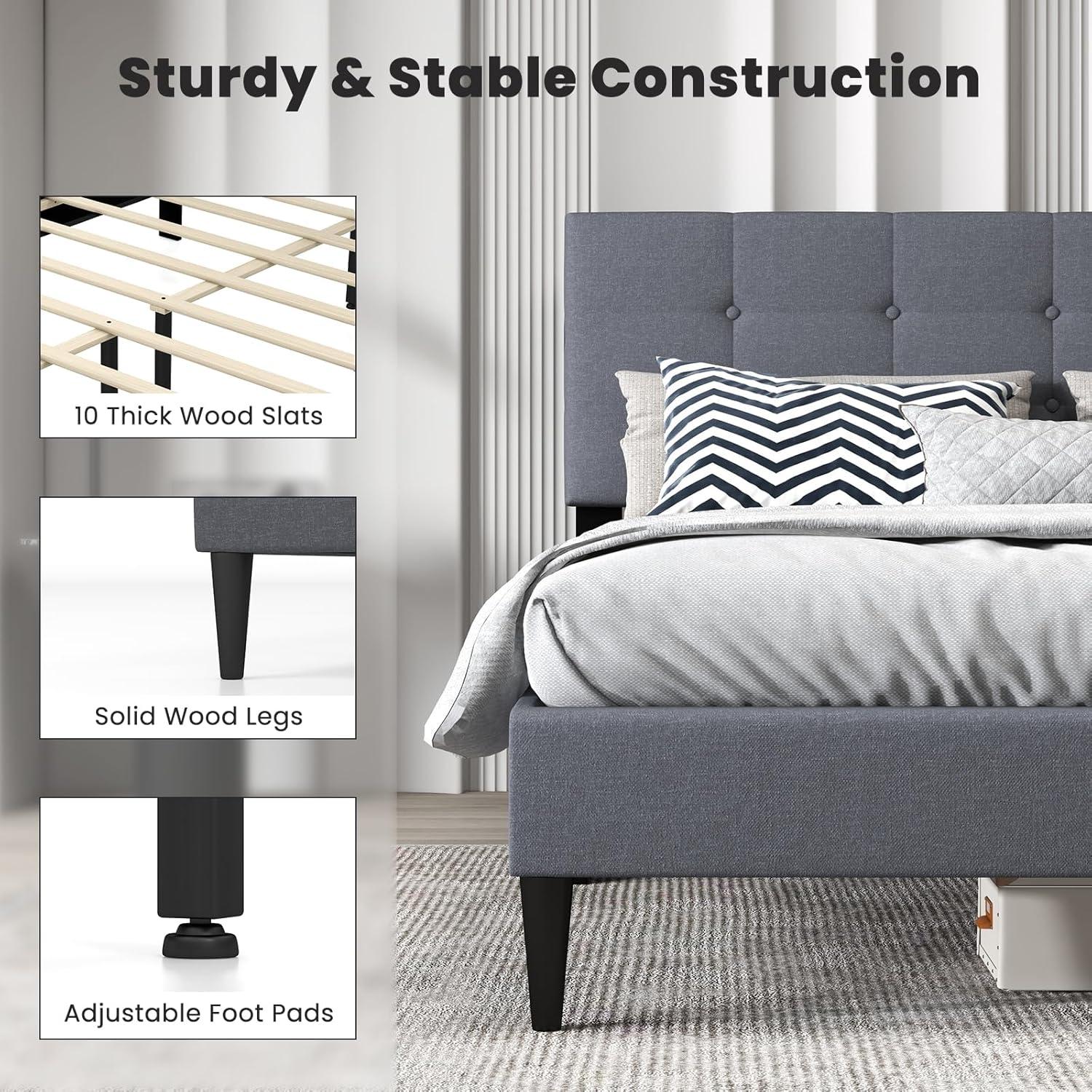 image:imageGiantex Twin Bed Frames for Kids Modern Fabric Linen Upholstered Platform Bed Frame with Button Tufted Headboard and Wooden Slats No Box Spring Needed Kids Twin Bed for Boys Girls Navy BlueGrey
